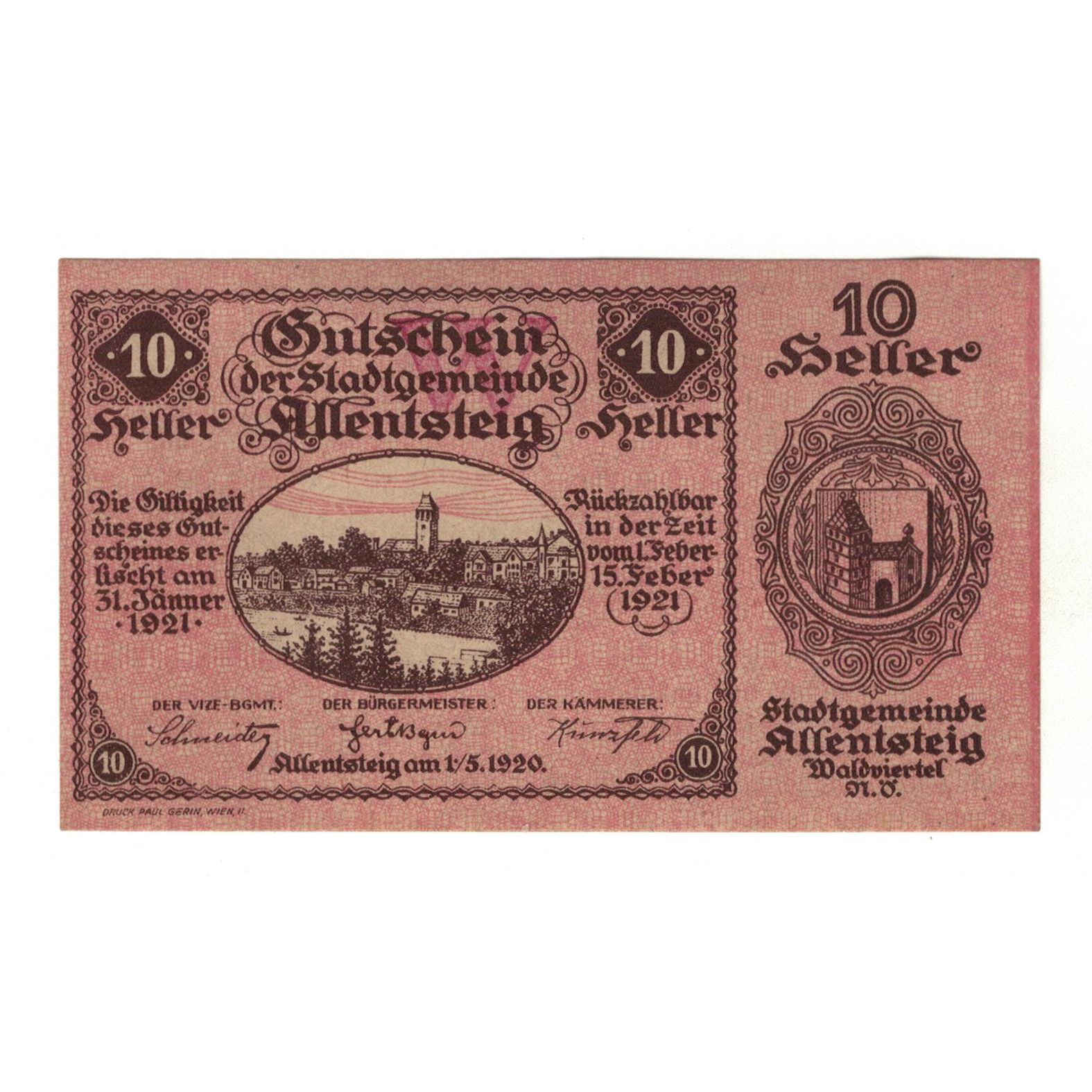 Billete, Austria, Allentsteig N.Ö. Stadtgemeinde, 10 Heller, Texte 2, 1920
