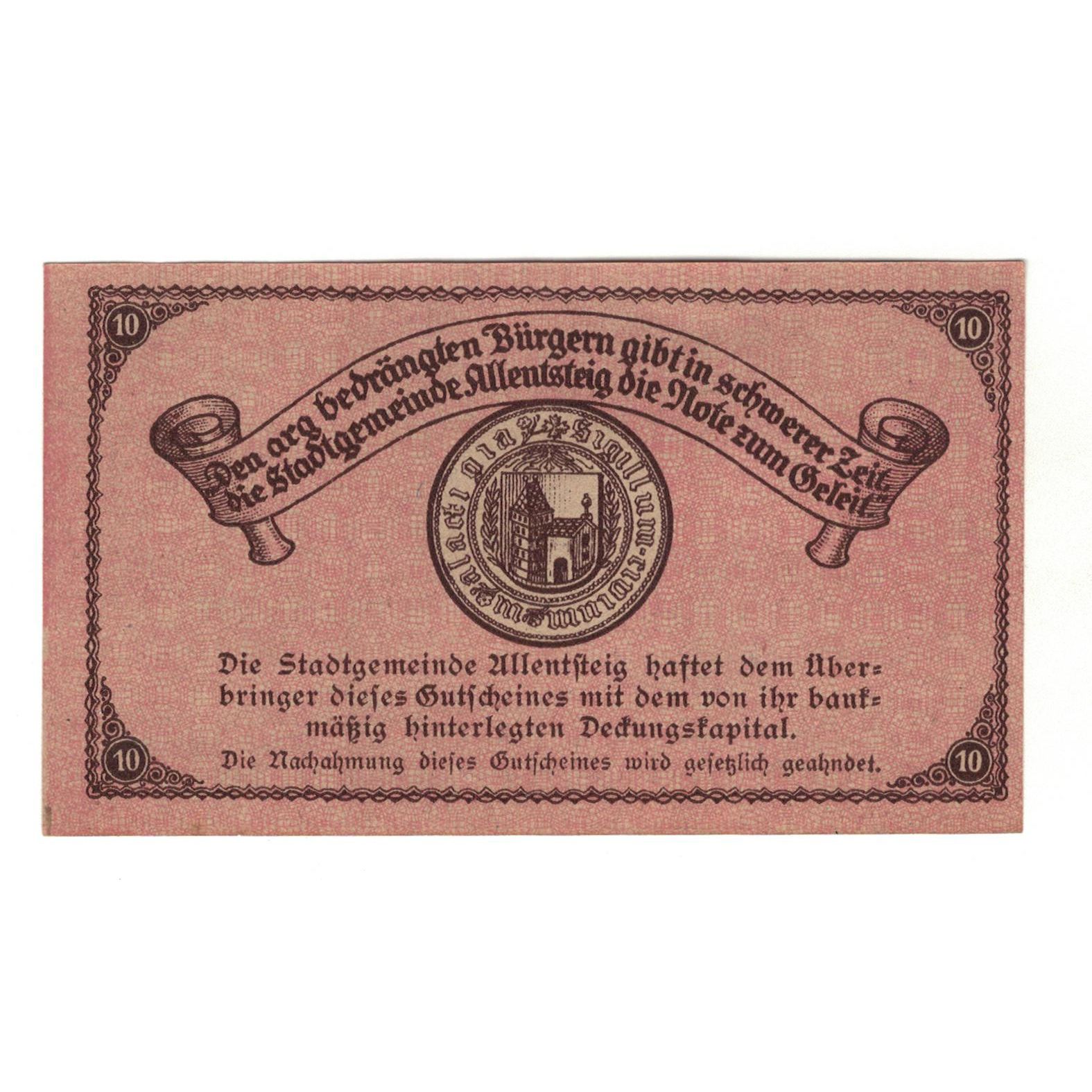 Billete, Austria, Allentsteig N.Ö. Stadtgemeinde, 10 Heller, Texte 2, 1920