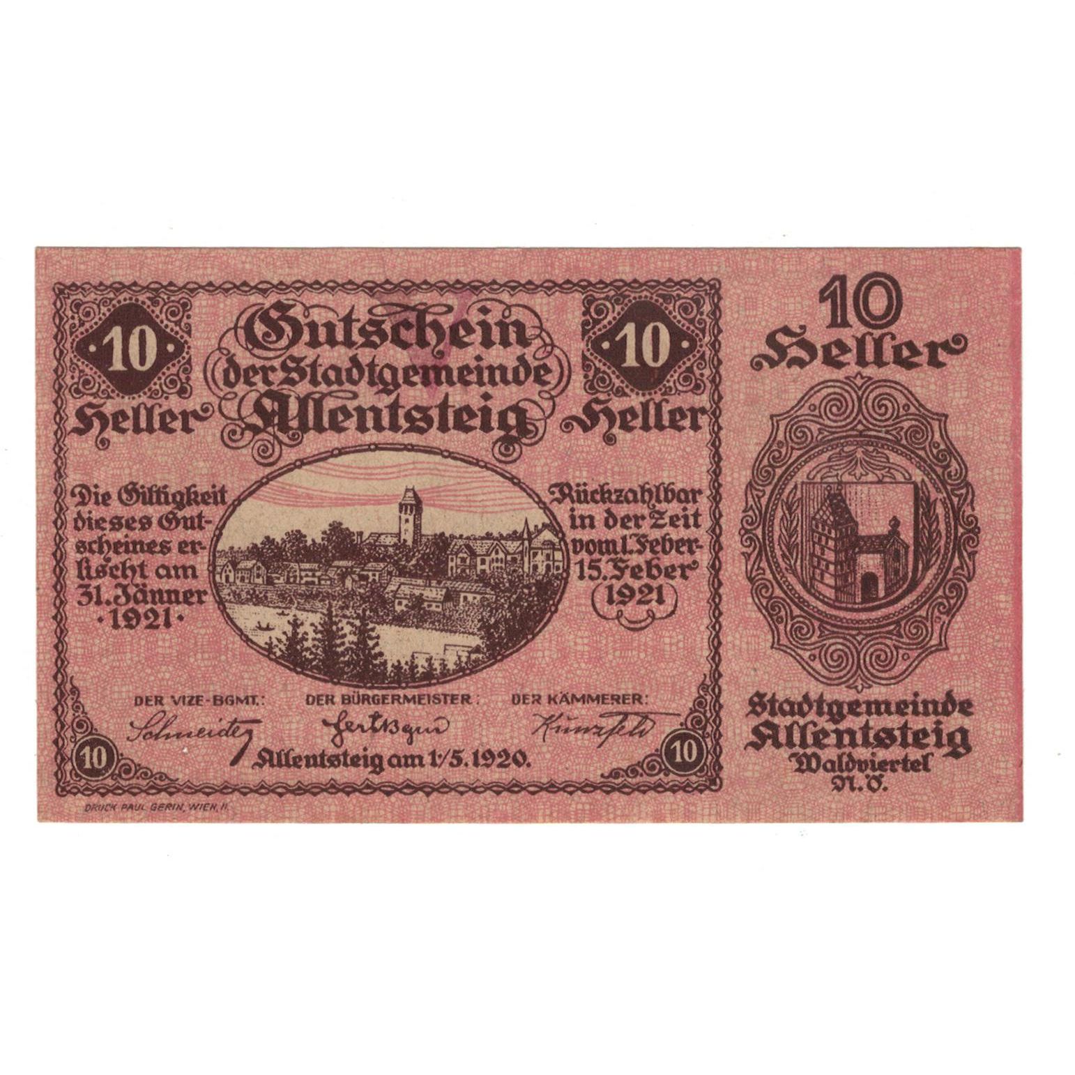 Billete, Austria, Allentsteig N.Ö. Stadtgemeinde, 10 Heller, Texte 3, 1920