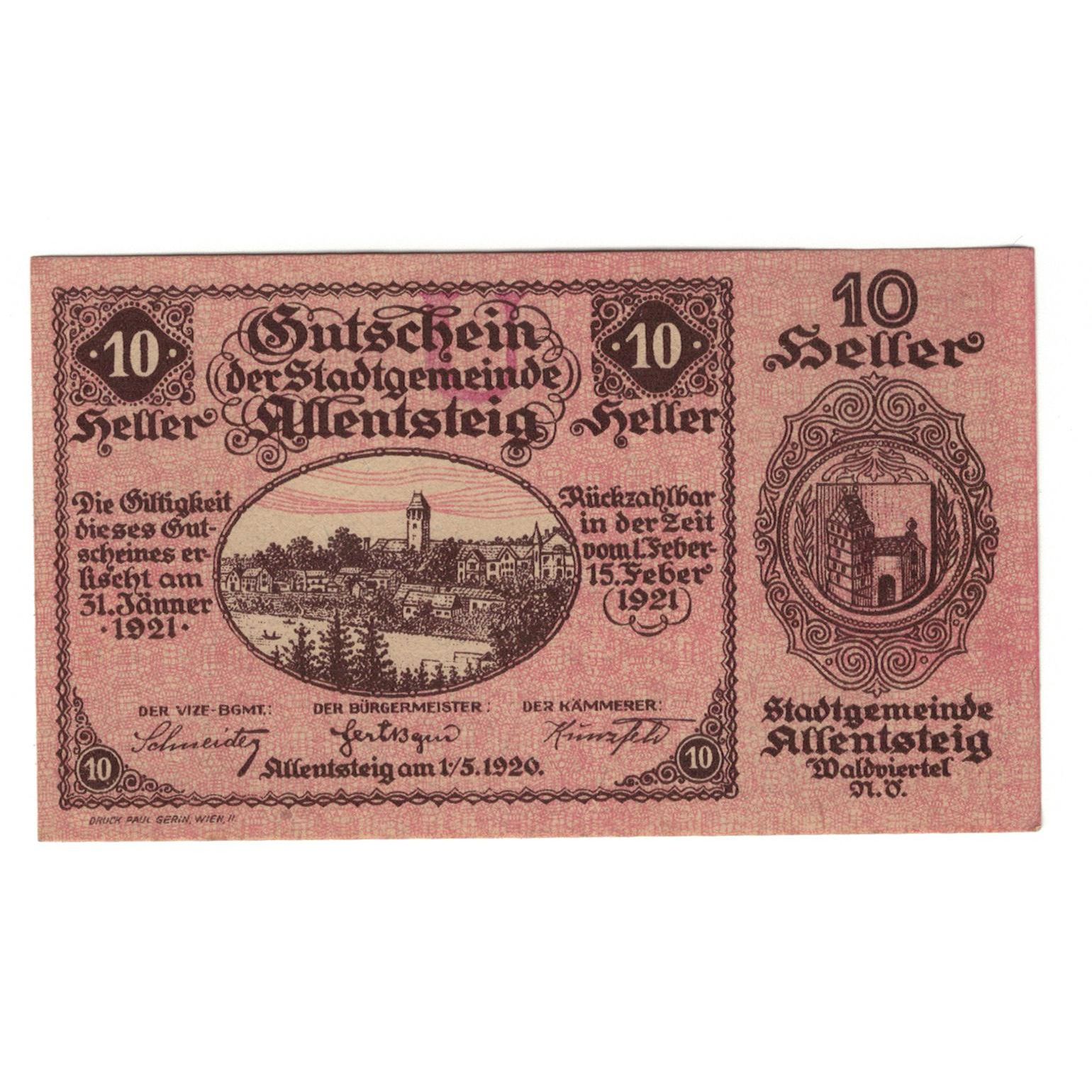 Billete, Austria, Allentsteig N.Ö. Stadtgemeinde, 10 Heller, Texte 4, 1920
