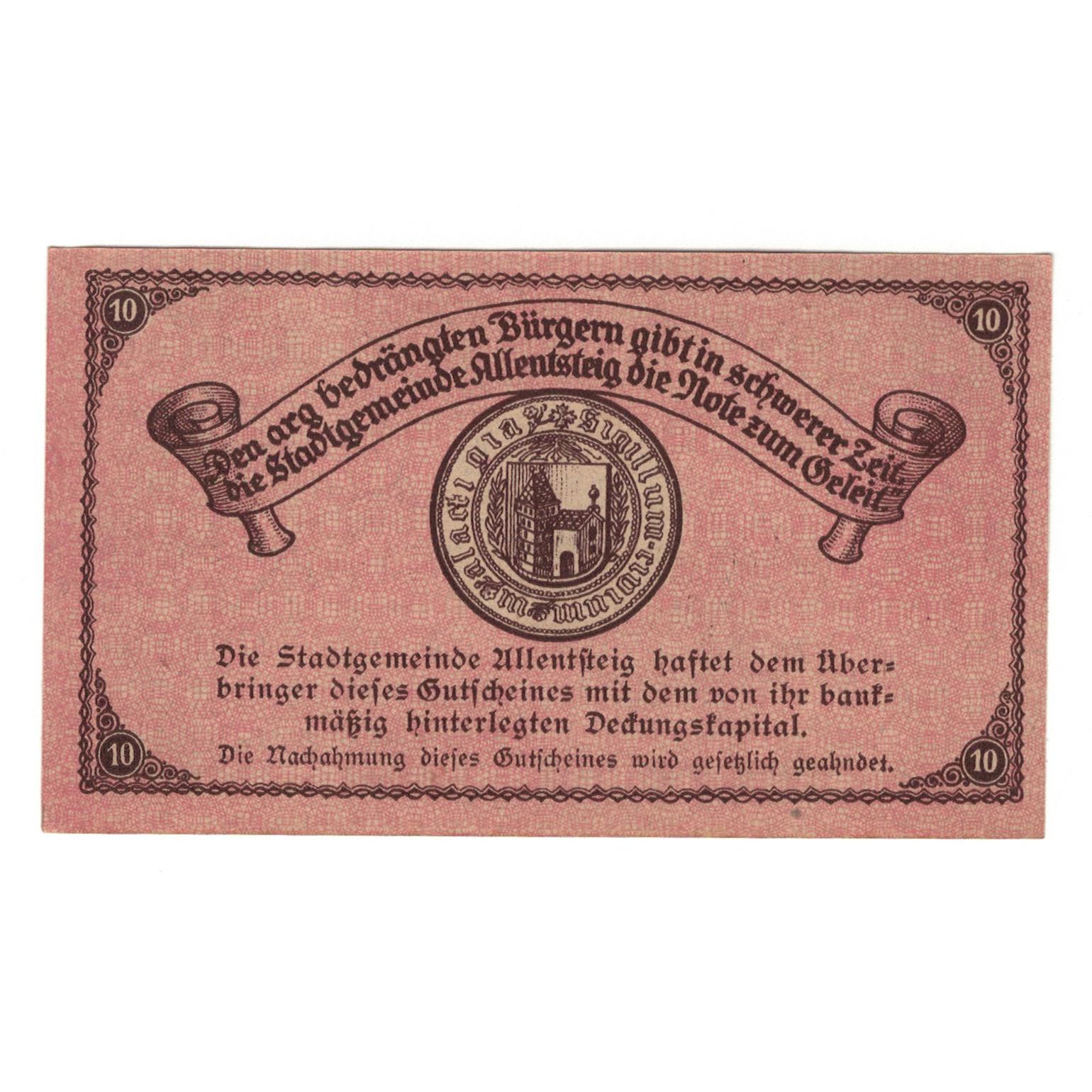 Billete, Austria, Allentsteig N.Ö. Stadtgemeinde, 10 Heller, Texte 4, 1920