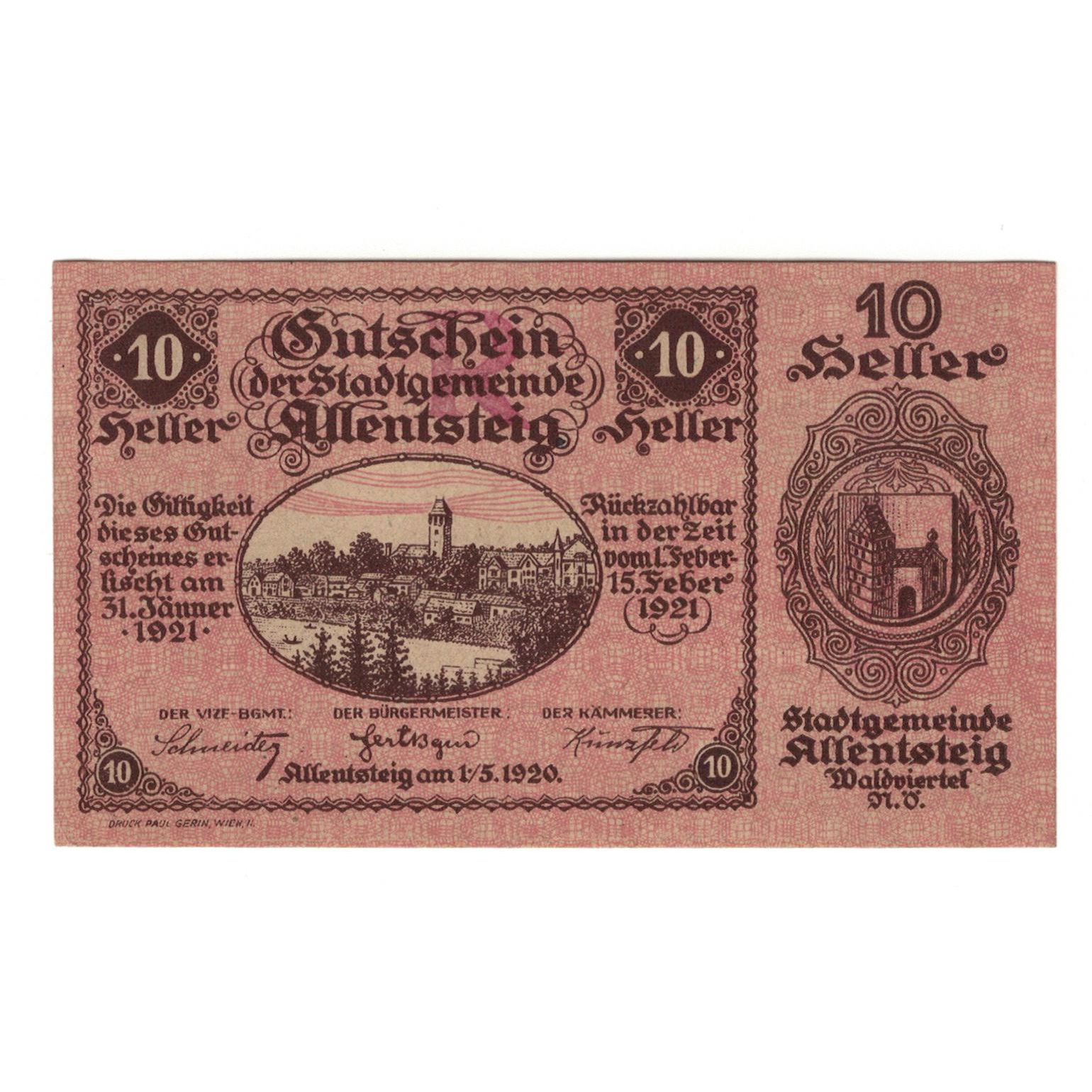 Billete, Austria, Allentsteig N.Ö. Stadtgemeinde, 10 Heller, Texte 7, 1920