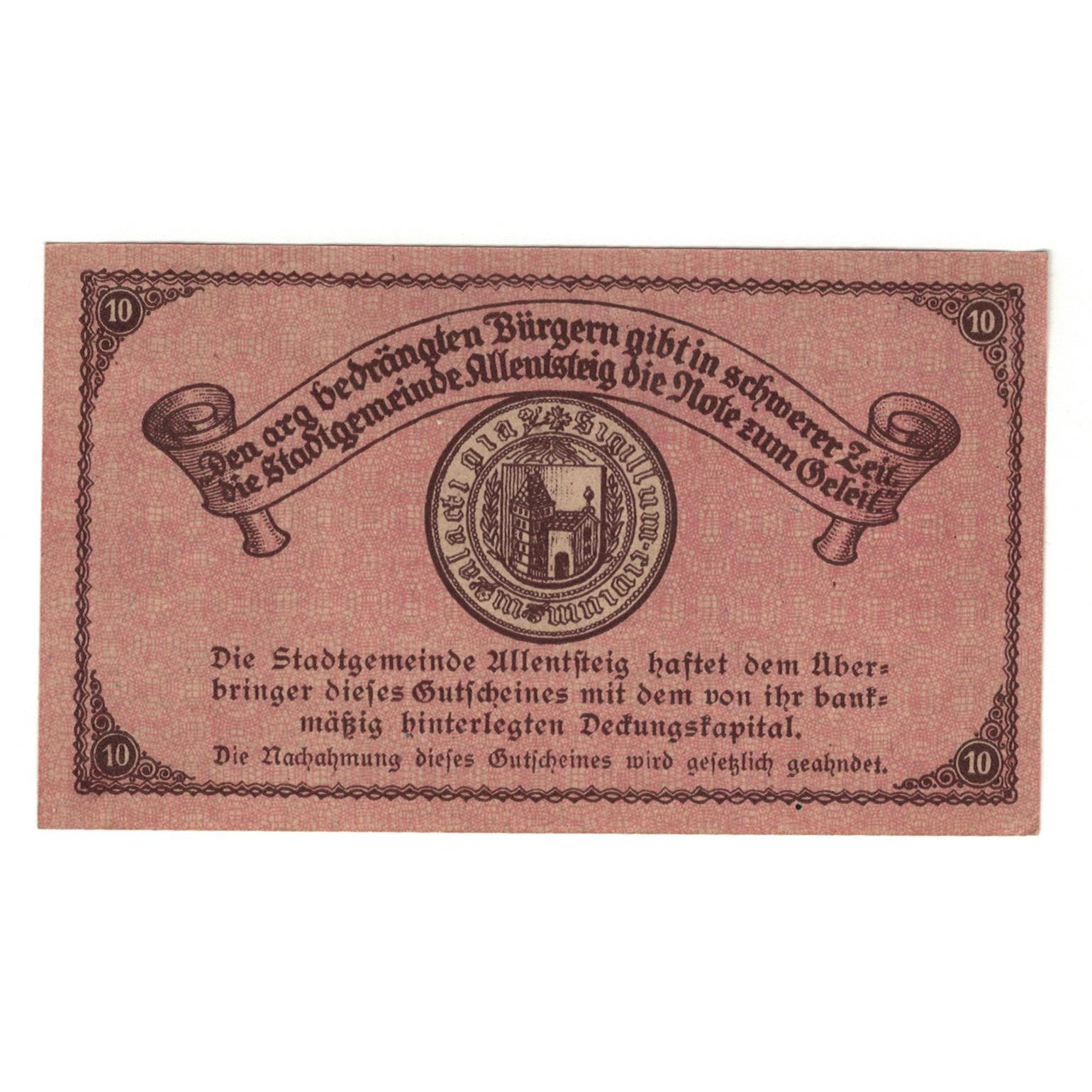 Billete, Austria, Allentsteig N.Ö. Stadtgemeinde, 10 Heller, Texte 7, 1920