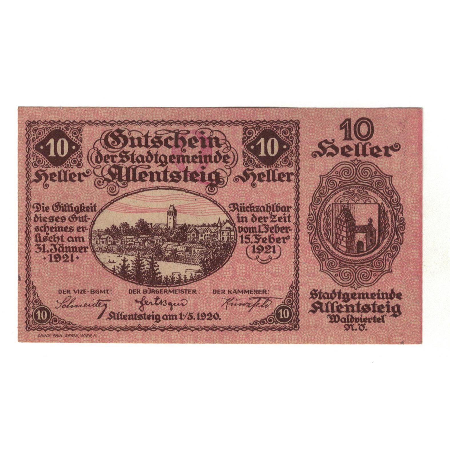 Billete, Austria, Allentsteig N.Ö. Stadtgemeinde, 10 Heller, Texte 8, 1920