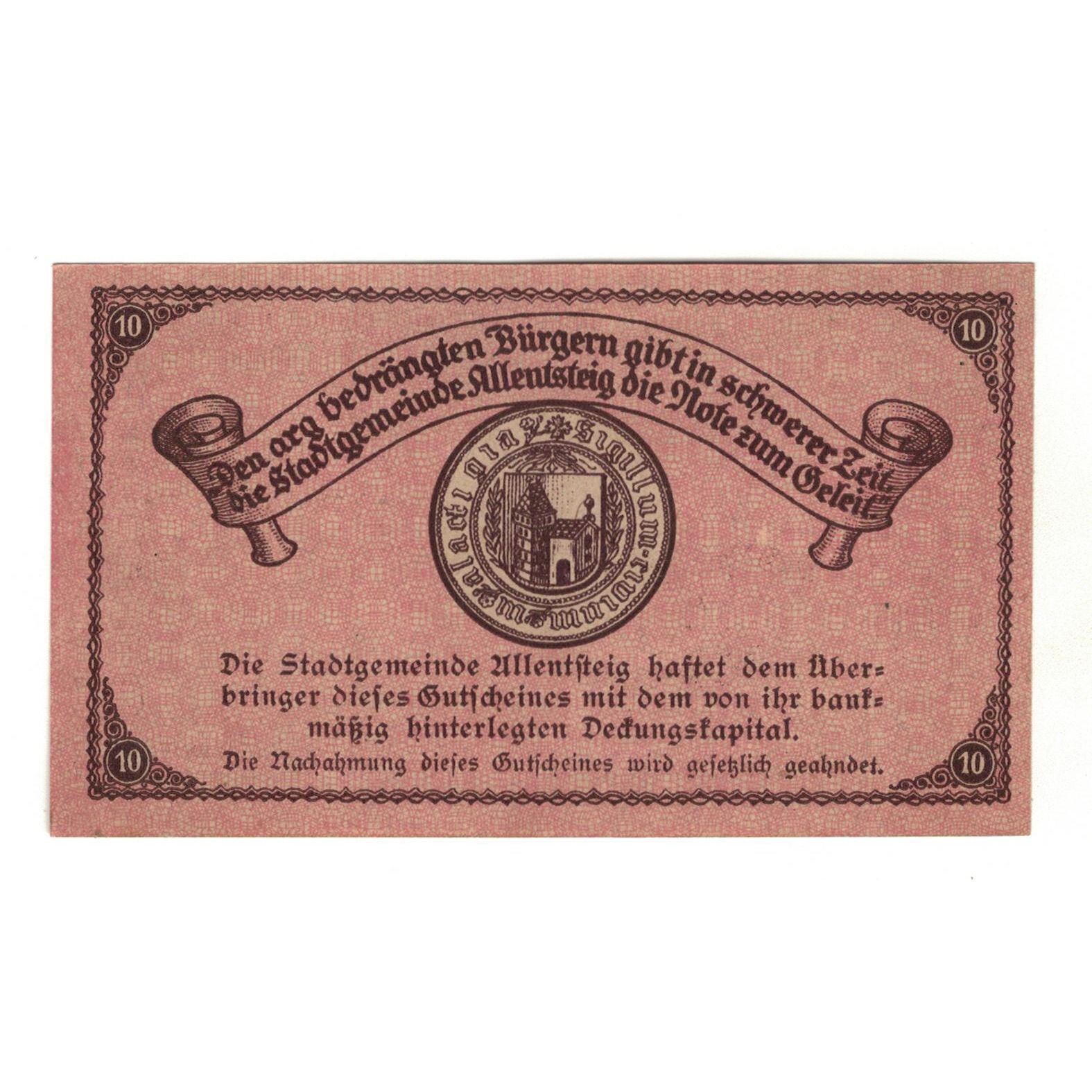 Billete, Austria, Allentsteig N.Ö. Stadtgemeinde, 10 Heller, Texte 8, 1920