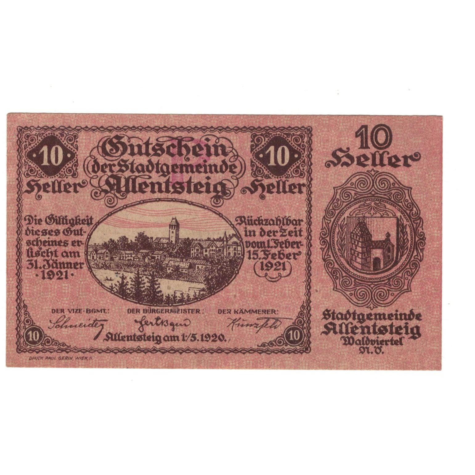 Billete, Austria, Allentsteig N.Ö. Stadtgemeinde, 10 Heller, Texte 9, 1920