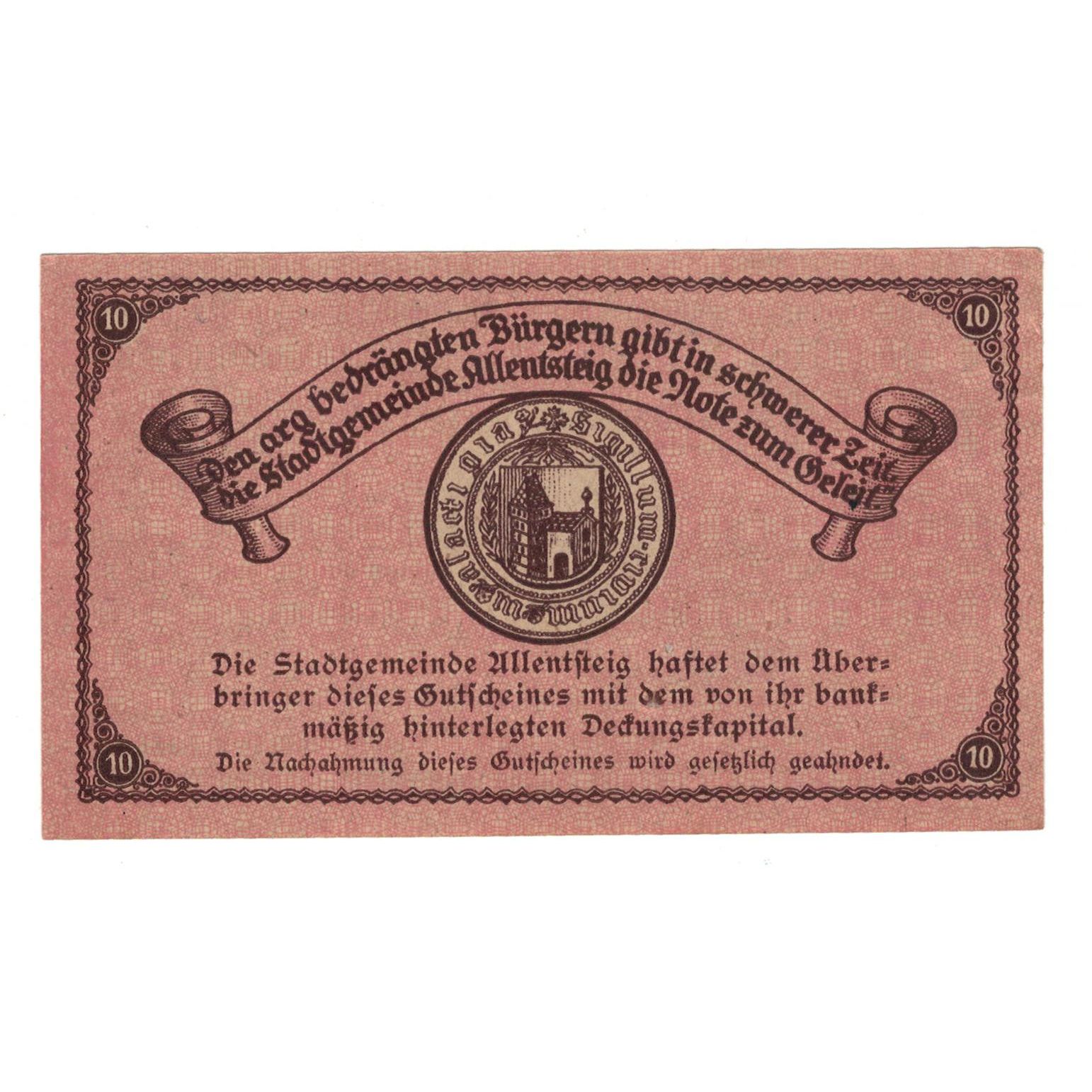 Billete, Austria, Allentsteig N.Ö. Stadtgemeinde, 10 Heller, Texte 9, 1920