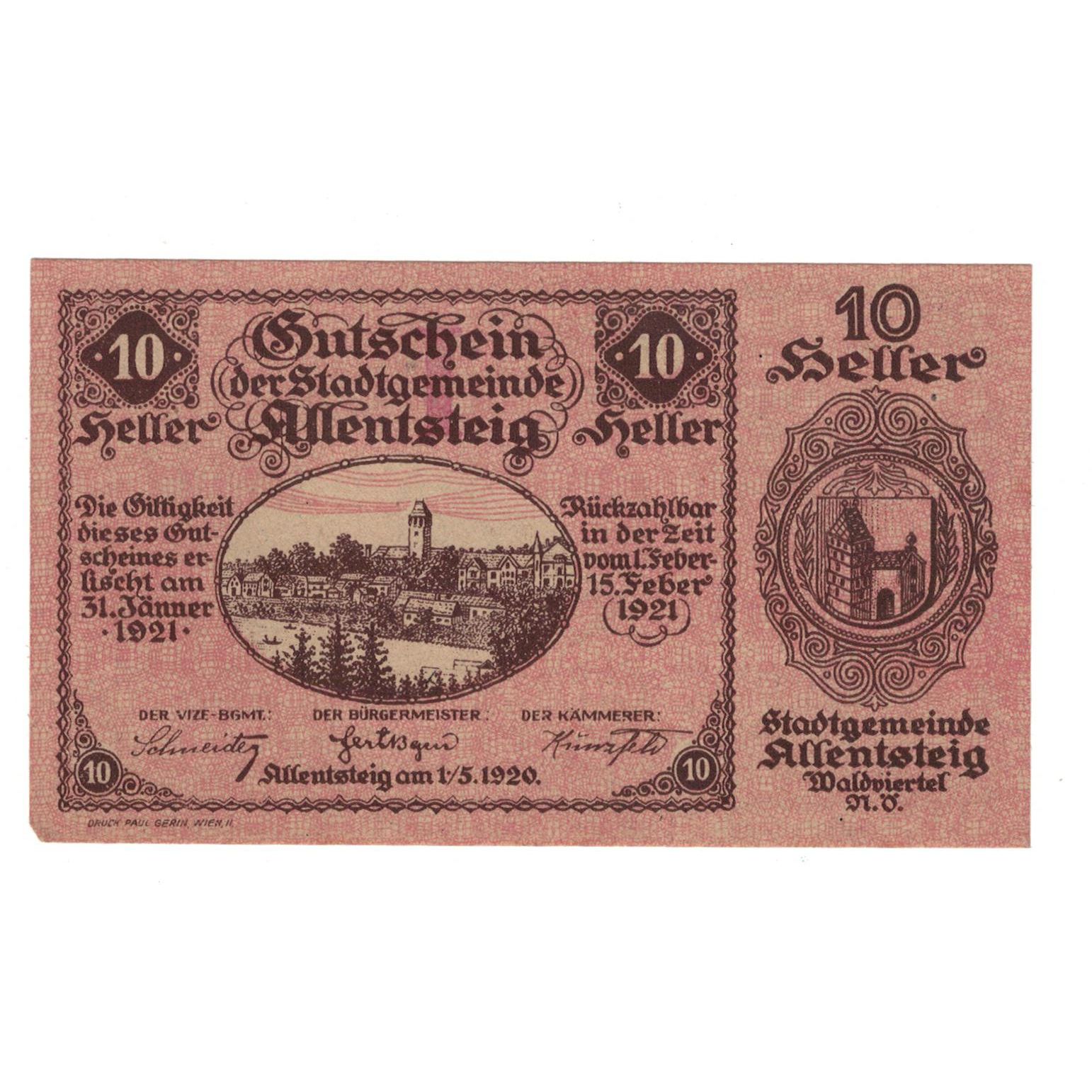 Billete, Austria, Allentsteig N.Ö. Stadtgemeinde, 10 Heller, Texte 5, 1920