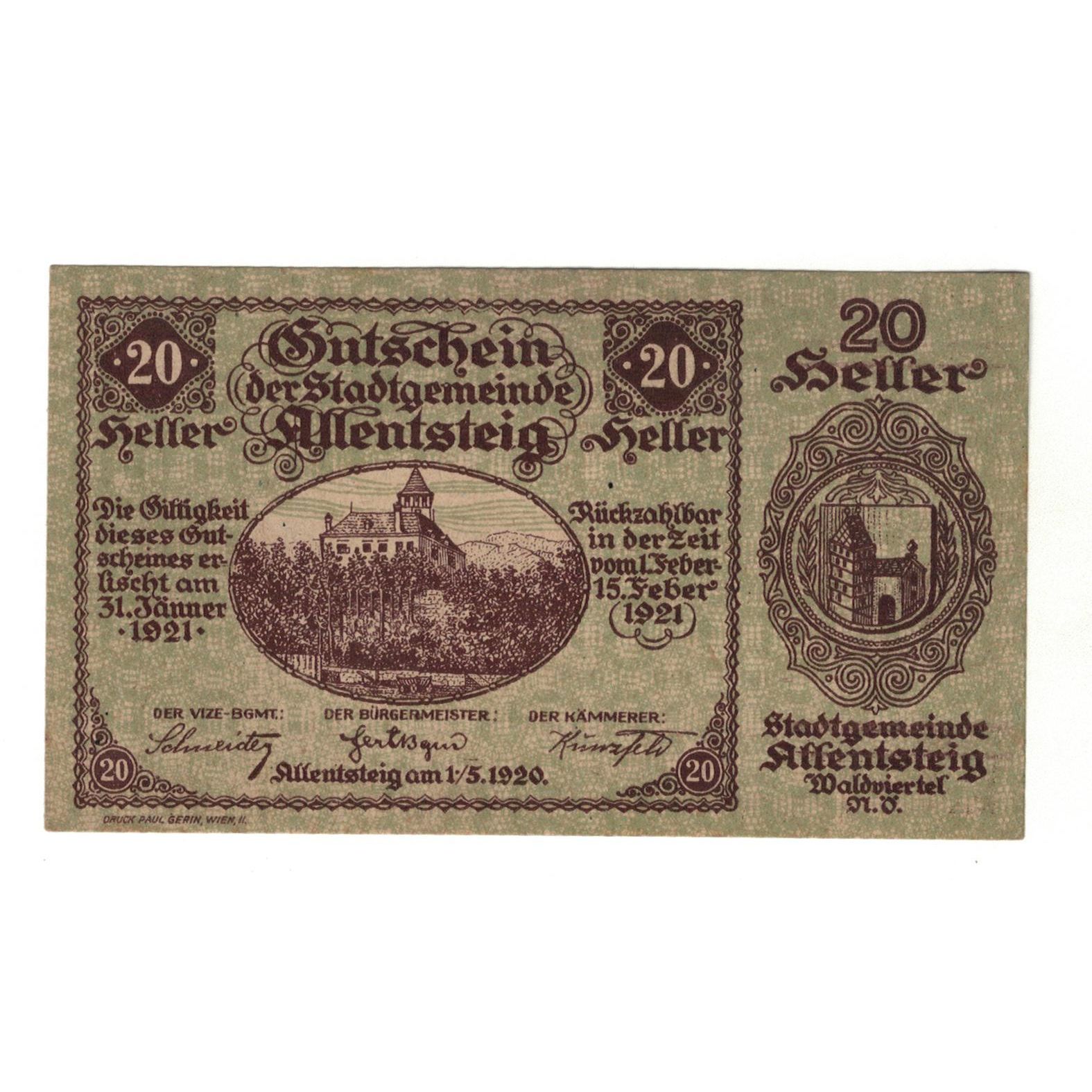 Billete, Austria, Allentsteig N.Ö. Stadtgemeinde, 20 Heller, texte 1, 1920