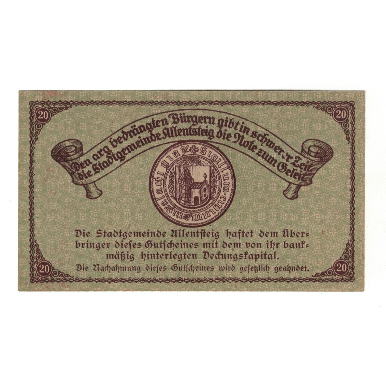 Billete, Austria, Allentsteig N.Ö. Stadtgemeinde, 20 Heller, texte 1, 1920