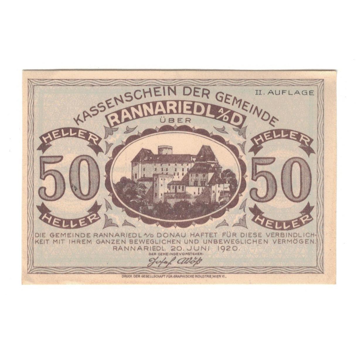 Billete, Austria, Rannariedl a.d. Donau O.Ö. Gemeinde, 50 Heller, texte 1