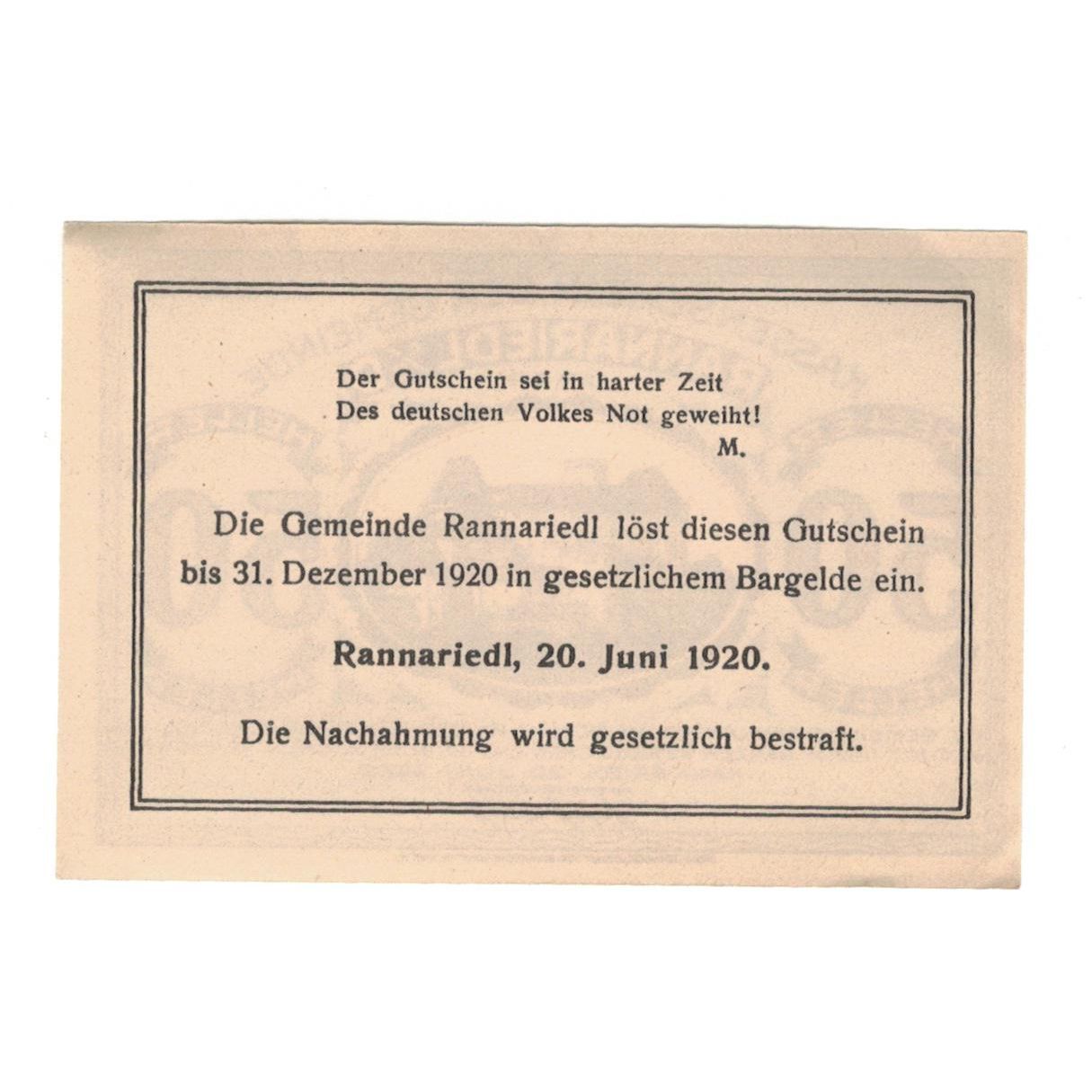 Billete, Austria, Rannariedl a.d. Donau O.Ö. Gemeinde, 50 Heller, texte 1