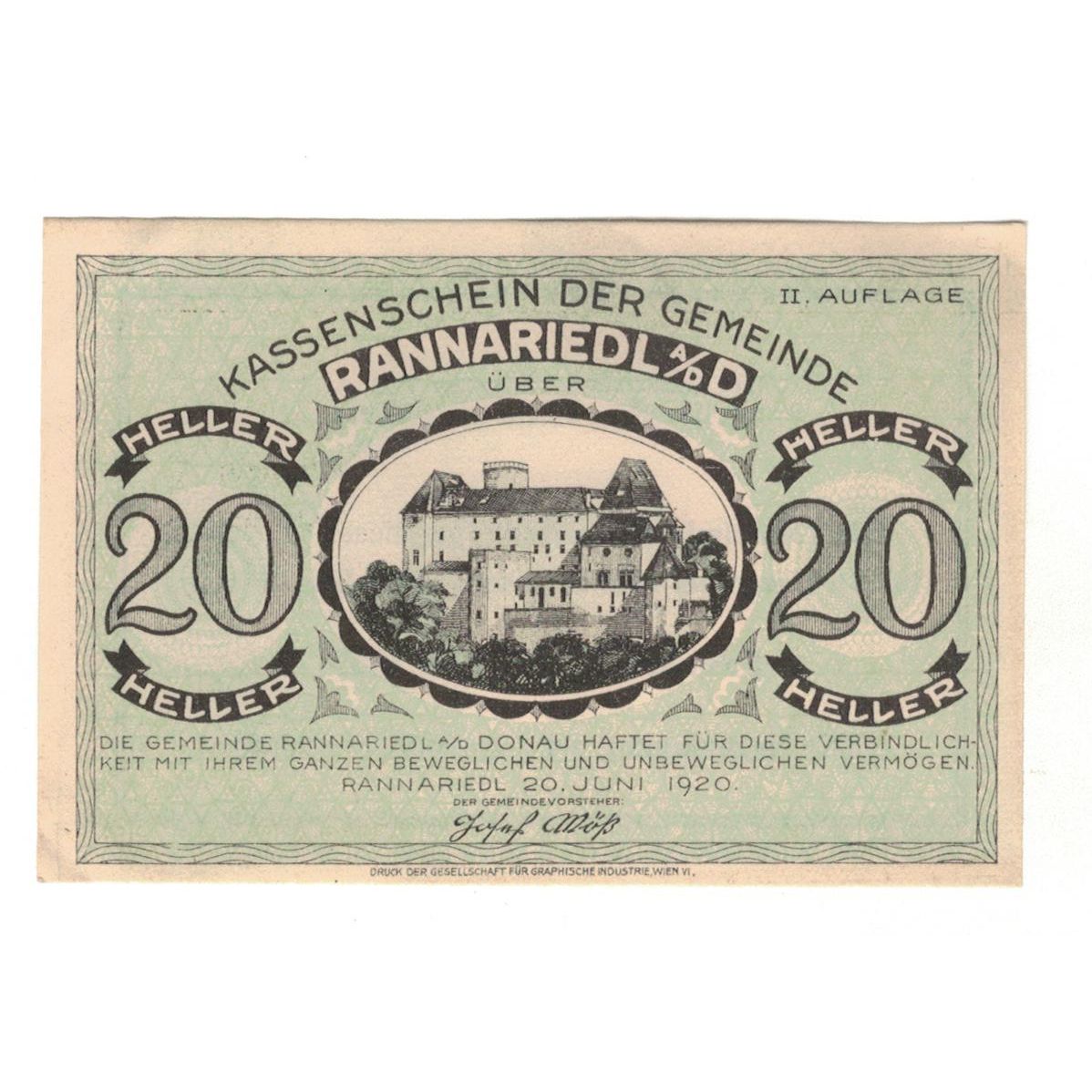 Billete, Austria, Rannariedl a.d. Donau O.Ö. Gemeinde, 20 Heller, Texte, 1920
