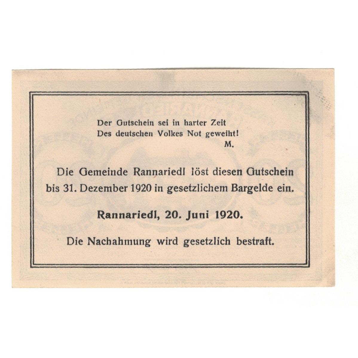 Billete, Austria, Rannariedl a.d. Donau O.Ö. Gemeinde, 20 Heller, Texte, 1920