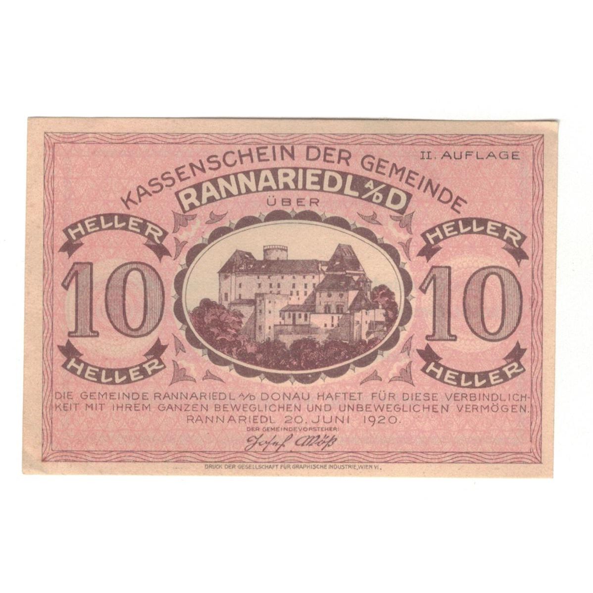 Billete, Austria, Rannariedl a.d. Donau O.Ö. Gemeinde, 10 Heller, Texte, 1920
