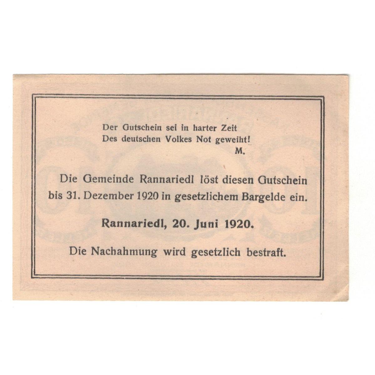 Billete, Austria, Rannariedl a.d. Donau O.Ö. Gemeinde, 10 Heller, Texte, 1920