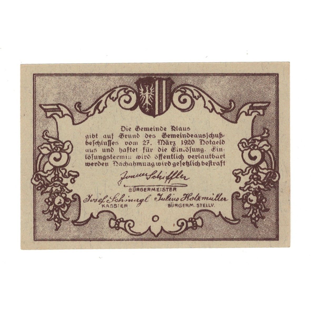 Billete, Austria, Klaus O.Ö. Gemeinde, 10 Heller, Texte 2, 1920, 1920-03-27
