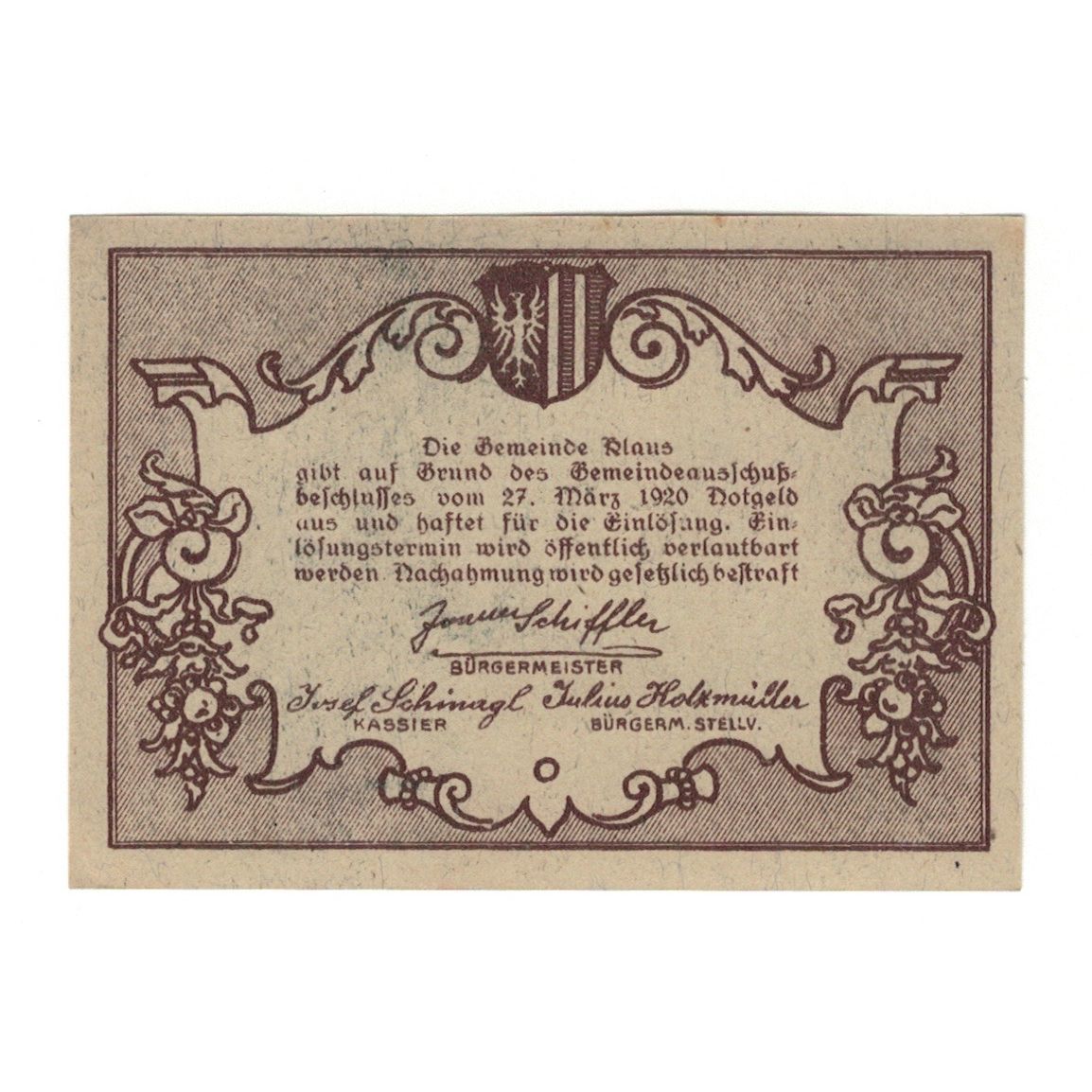 Billete, Austria, Klaus O.Ö. Gemeinde, 10 Heller, Texte 3, 1920, 1920-03-27