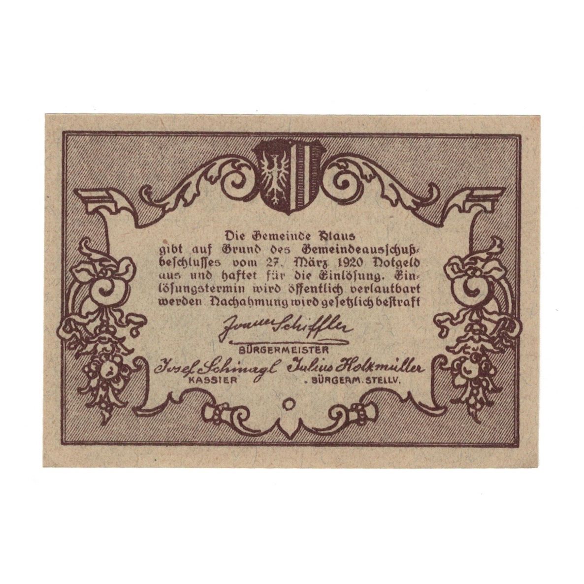Billete, Austria, Klaus O.Ö. Gemeinde, 20 Heller, texte 1, 1920, 1920-03-27