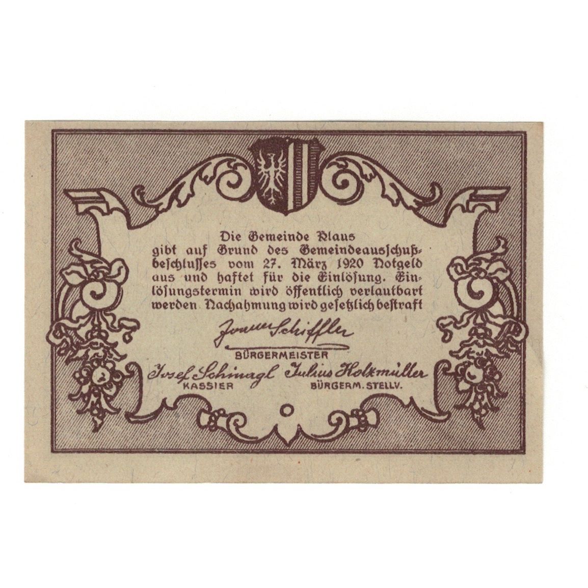 Billete, Austria, Klaus O.Ö. Gemeinde, 50 Heller, texte 1, 1920, 1920-03-27