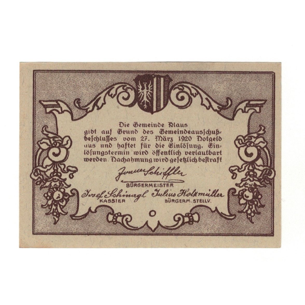 Billete, Austria, Klaus O.Ö. Gemeinde, 50 Heller, Texte 2, 1920, 1920-03-27
