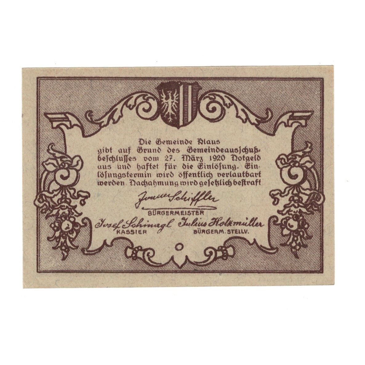 Billete, Austria, Klaus O.Ö. Gemeinde, 50 Heller, Texte 3, 1920, 1920-03-27