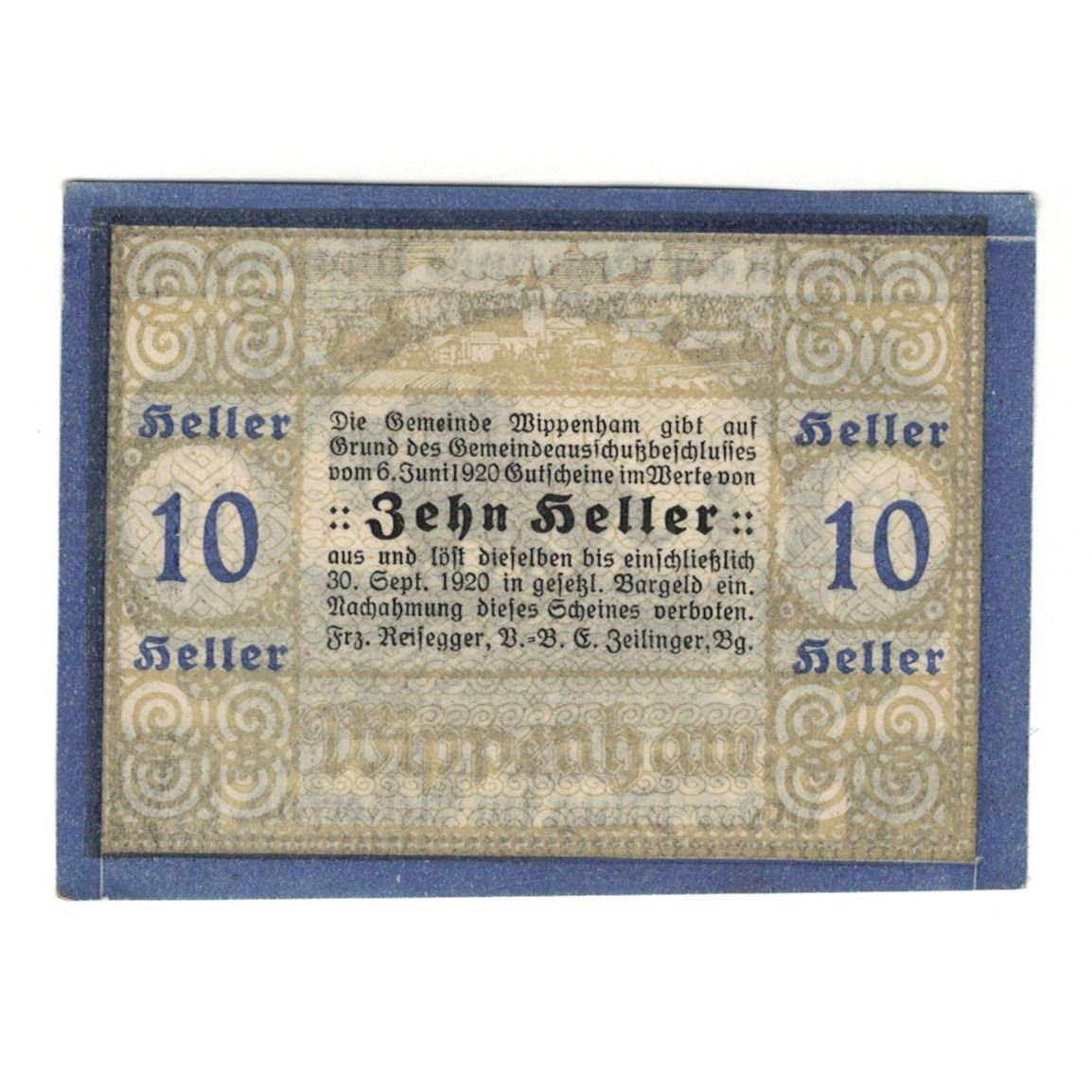 Billete, Austria, Wippenham O.Ö. Gemeinde, 10 Heller, Texte, 1920, 1920-09-30