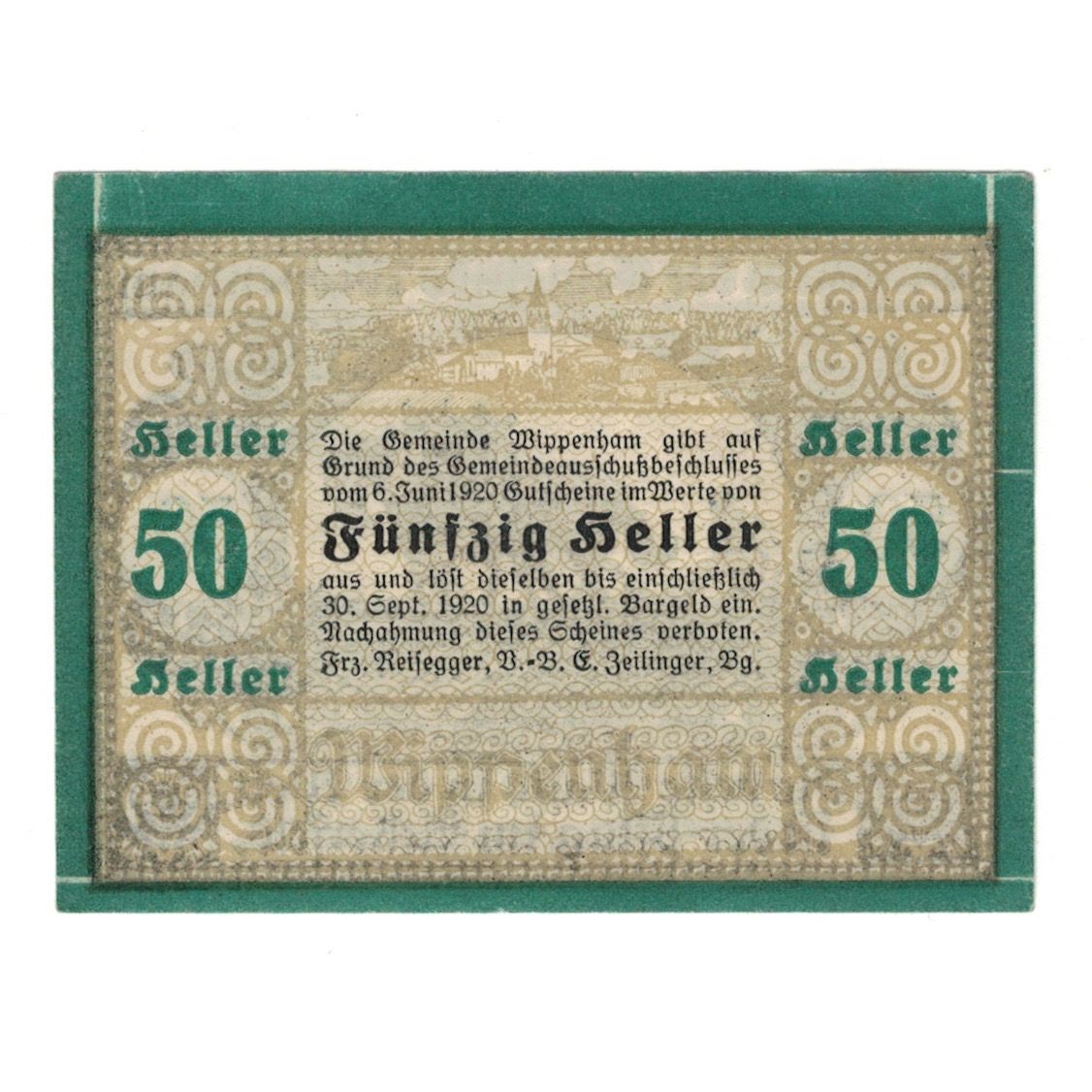Billete, Austria, Wippenham O.Ö. Gemeinde, 50 Heller, Texte, 1920, 1920-09-30
