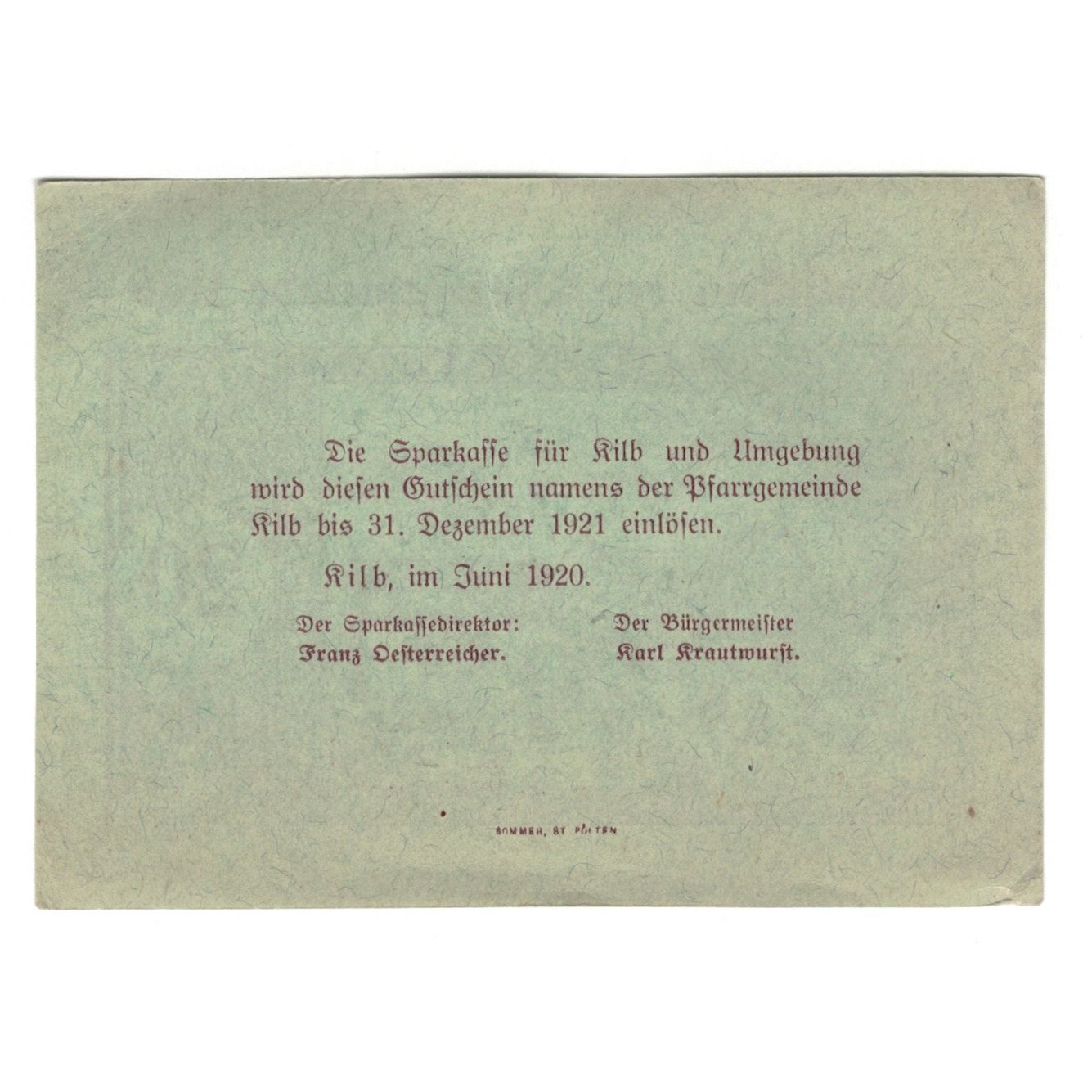 Billete, Austria, Kilb N.Ö. Prv. Pfarrgemeinde, 20 Heller, Texte, 1920