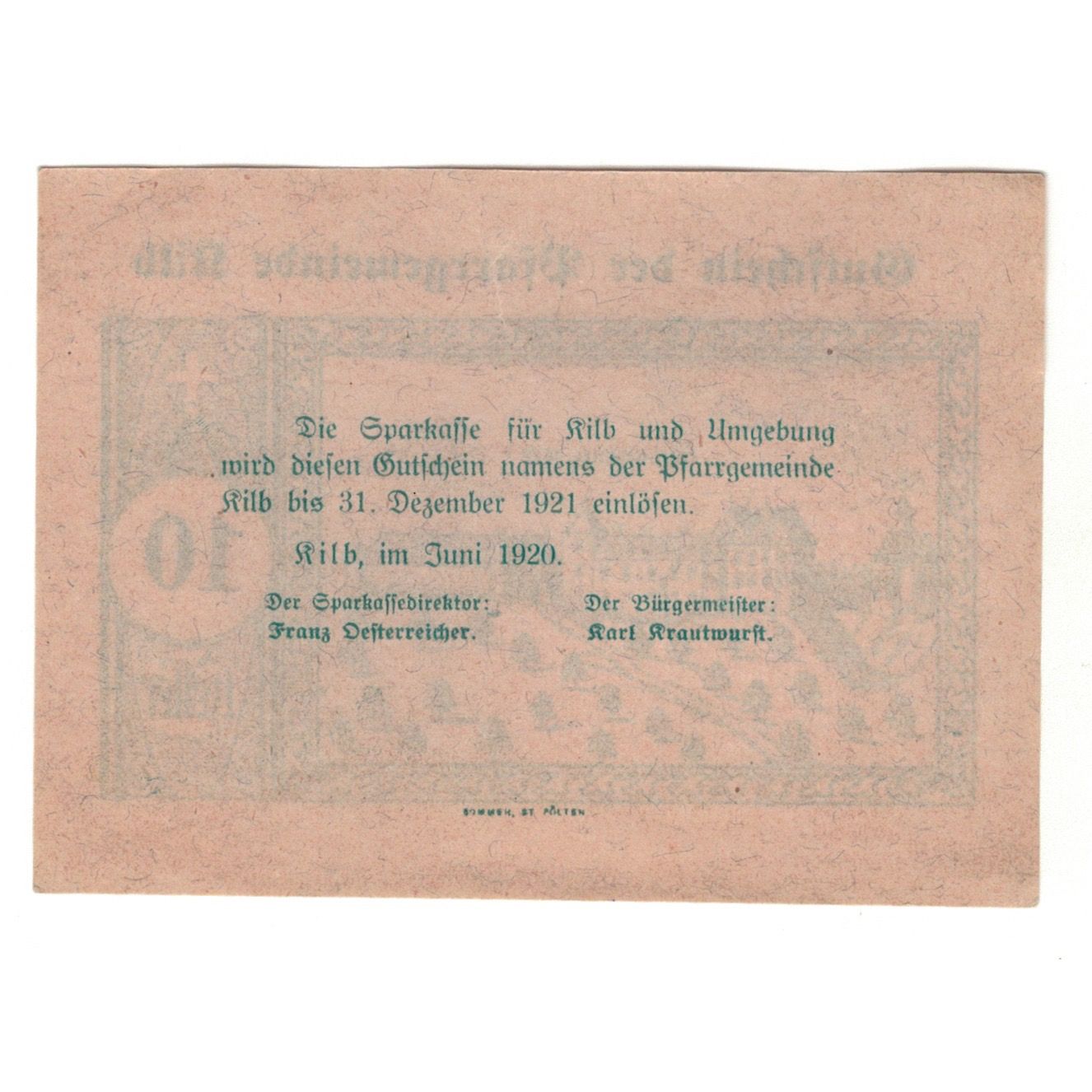Billete, Austria, Kilb N.Ö. Prv. Pfarrgemeinde, 10 Heller, Texte, 1920