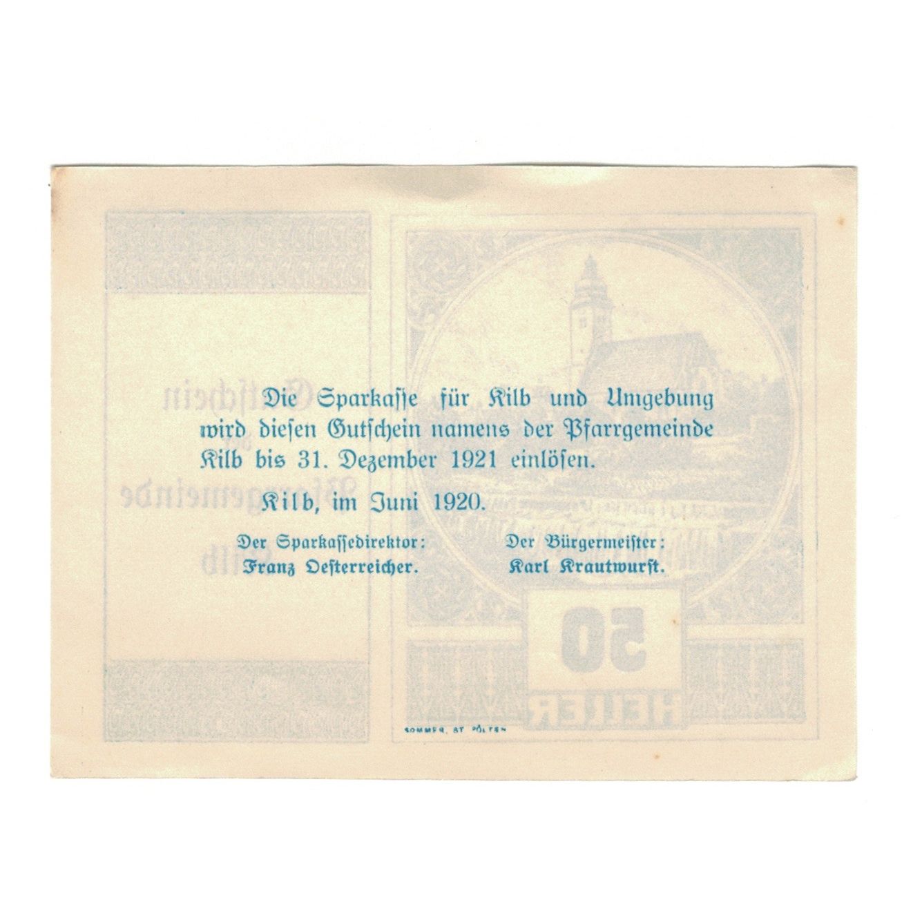Billete, Austria, Kilb N.Ö. Prv. Pfarrgemeinde, 50 Heller, Texte, 1920