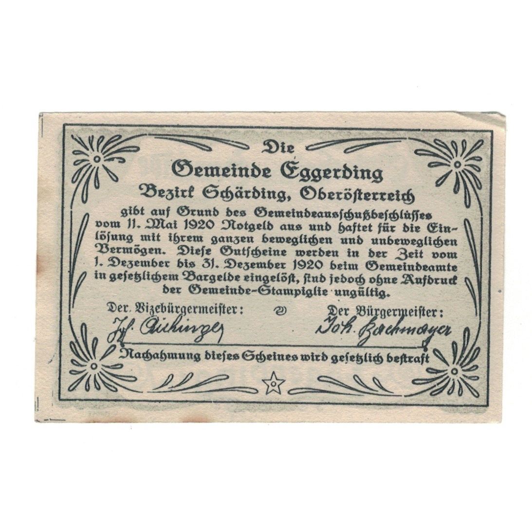 Billete, Austria, Eggerding O.Ö. Gemeinde, 30 Heller, Texte, 1920, 1920-12-31