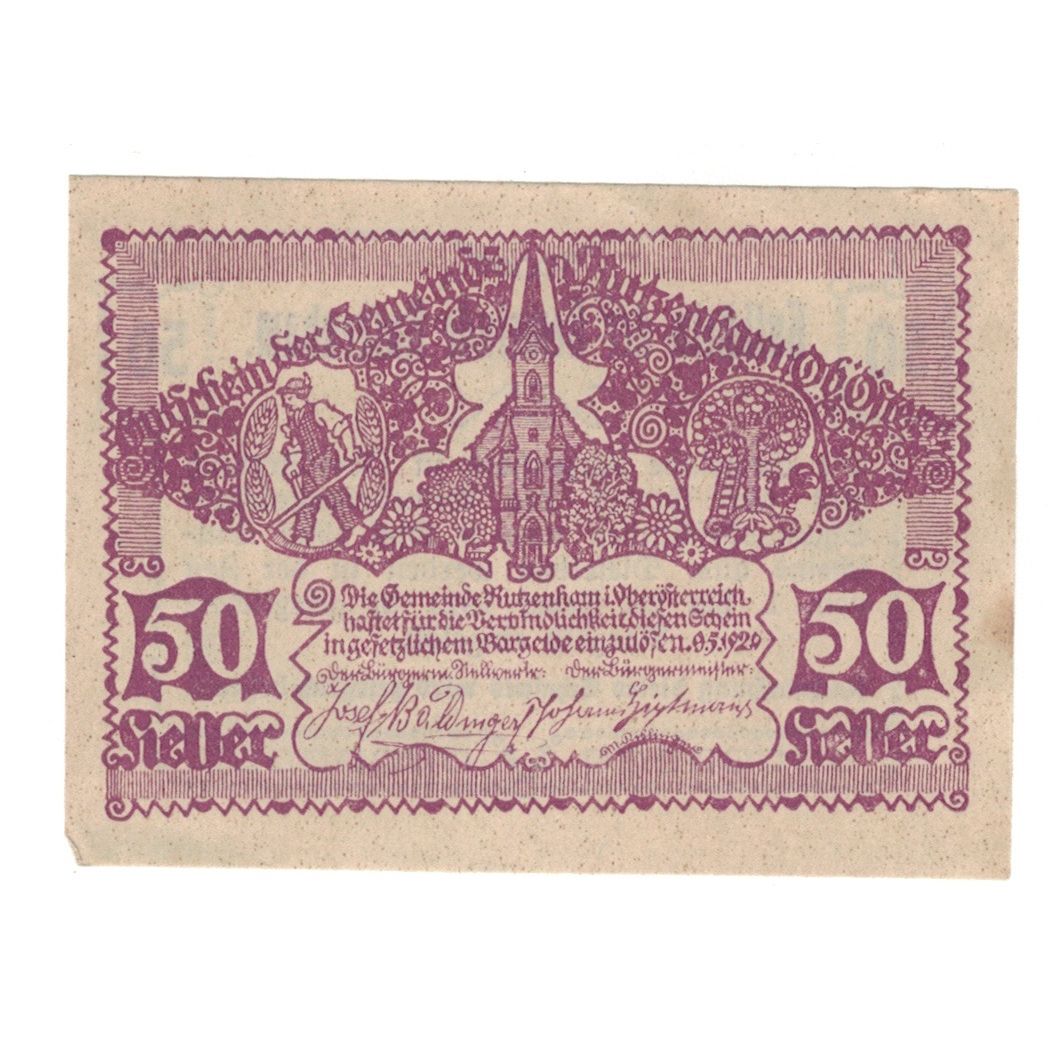 Billete, Austria, Rutzenham O.Ö. Gemeinde, 50 Heller, Eglise, 1920, 1920-12-31