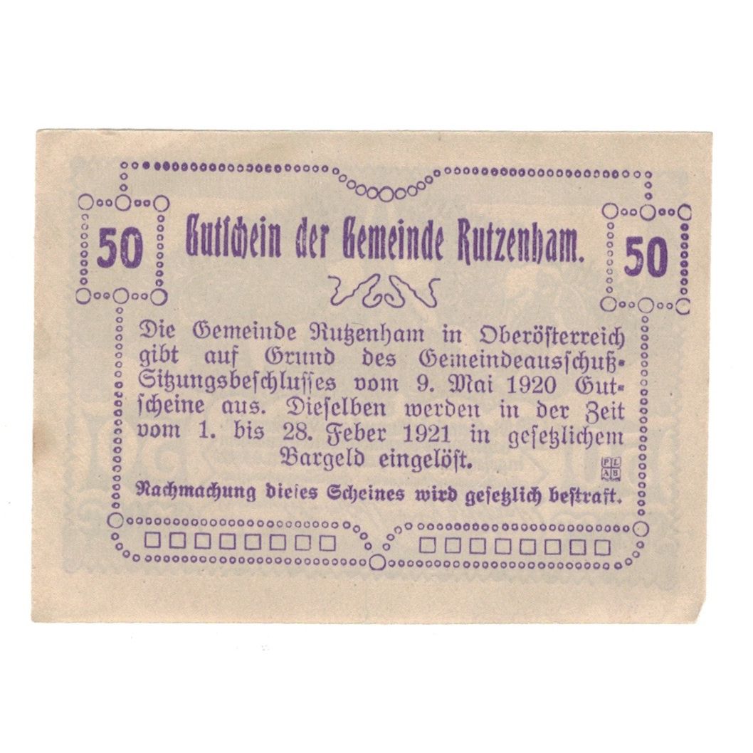 Billete, Austria, Rutzenham O.Ö. Gemeinde, 50 Heller, Eglise, 1920, 1920-12-31
