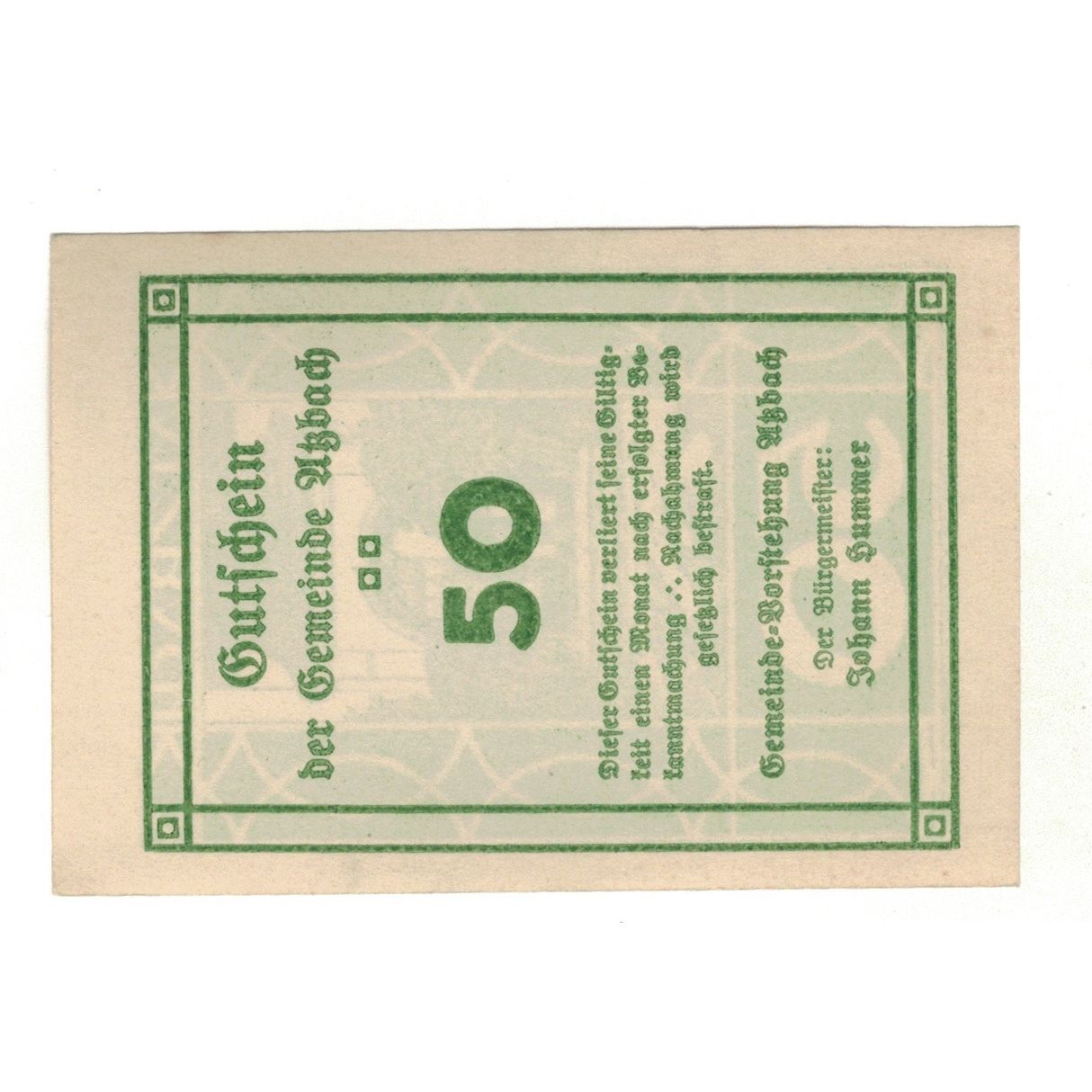 Billete, Austria, Atzbach O.Ö. Gemeinde, 50 Heller, valeur faciale, EBC