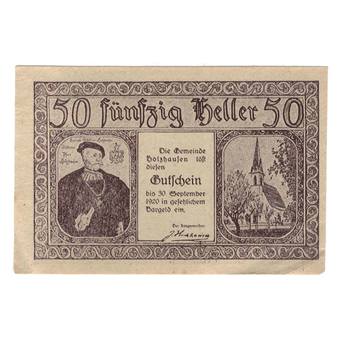 Banknote, Austria, Holzhausen O.Ö. Gemeinde, 50 Heller, village, 1920