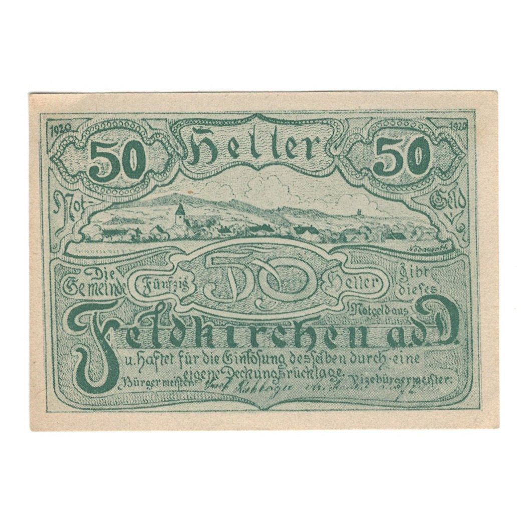 Billete, Austria, Feldkirchen An Der Donau O.Ö. Gemeinde, 50 Heller, Monument