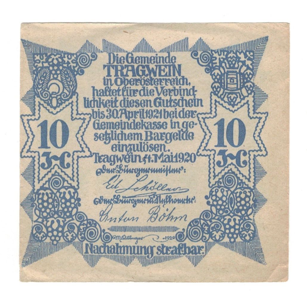 Billete, Austria, Tragwein O.Ö. Gemeinde, 10 Heller, Eglise, 1920, 1921-04-31