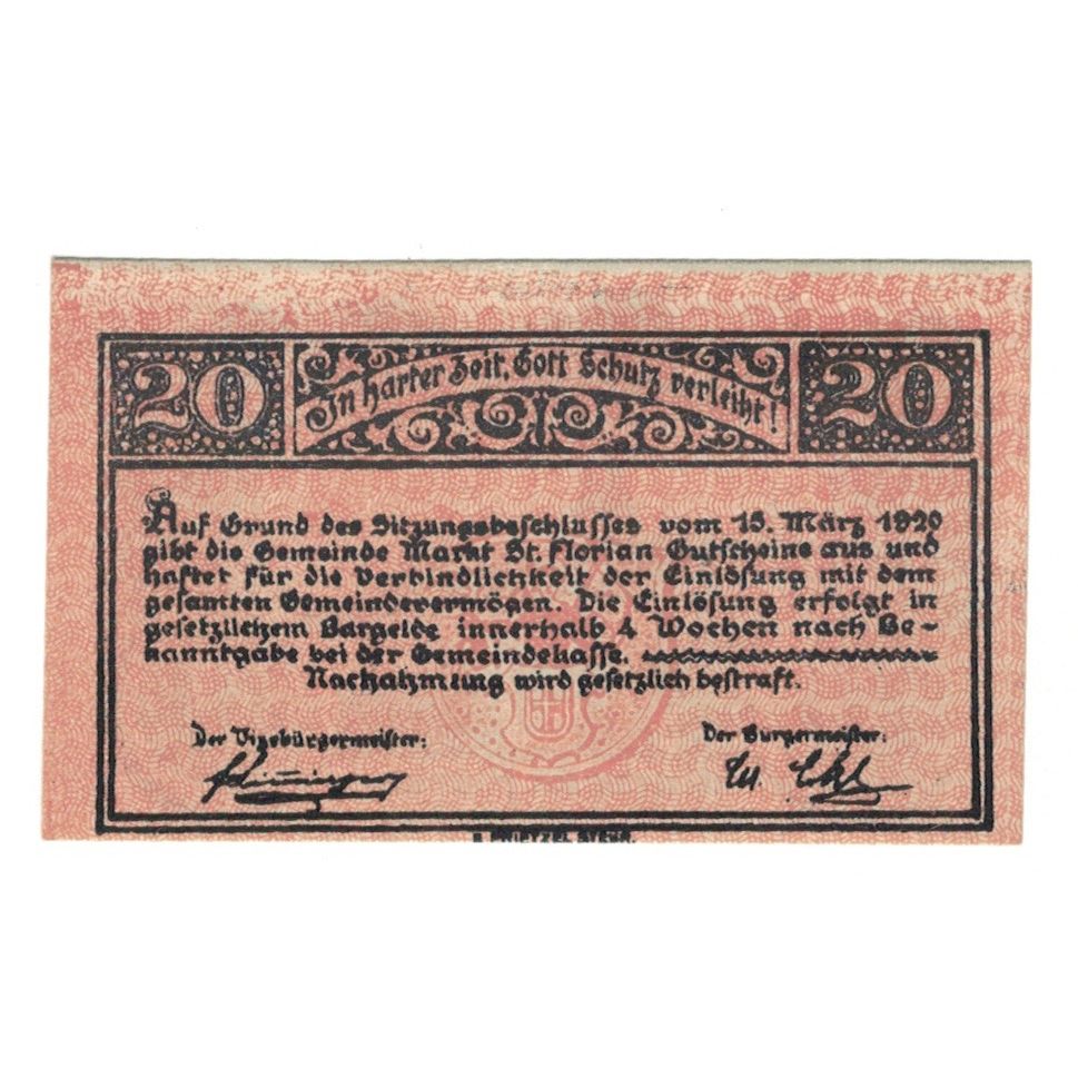 Billete, Austria, St. Florian O.Ö. Gemeinde, 20 Heller, Texte, 1920