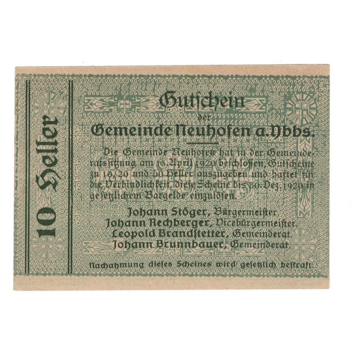 Billete, Austria, Neuhofen a.d. Ybbs N.Ö. Gemeinde, 10 Heller, Texte, 1920