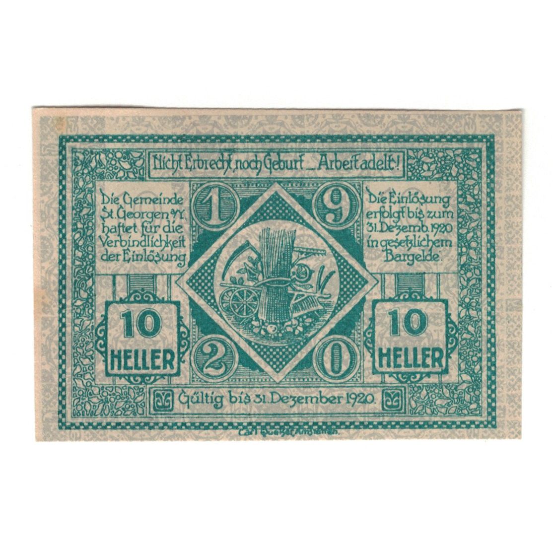 Billete, Austria, St. Georgen am Ybbsfeld N.Ö. Gemeinde, 10 Heller, valeur