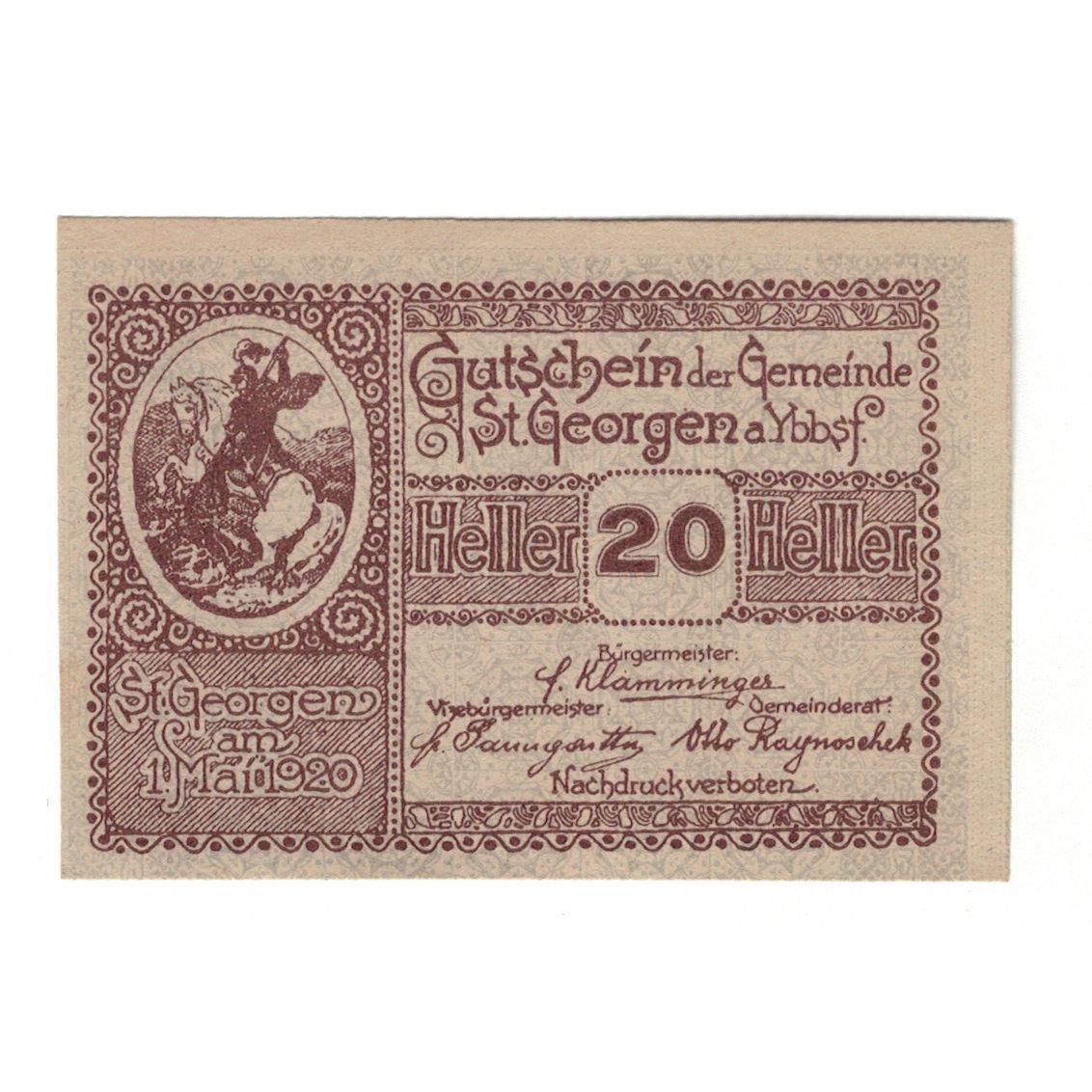 Billete, Austria, St. Georgen am Ybbsfeld N.Ö. Gemeinde, 20 Heller, valeur
