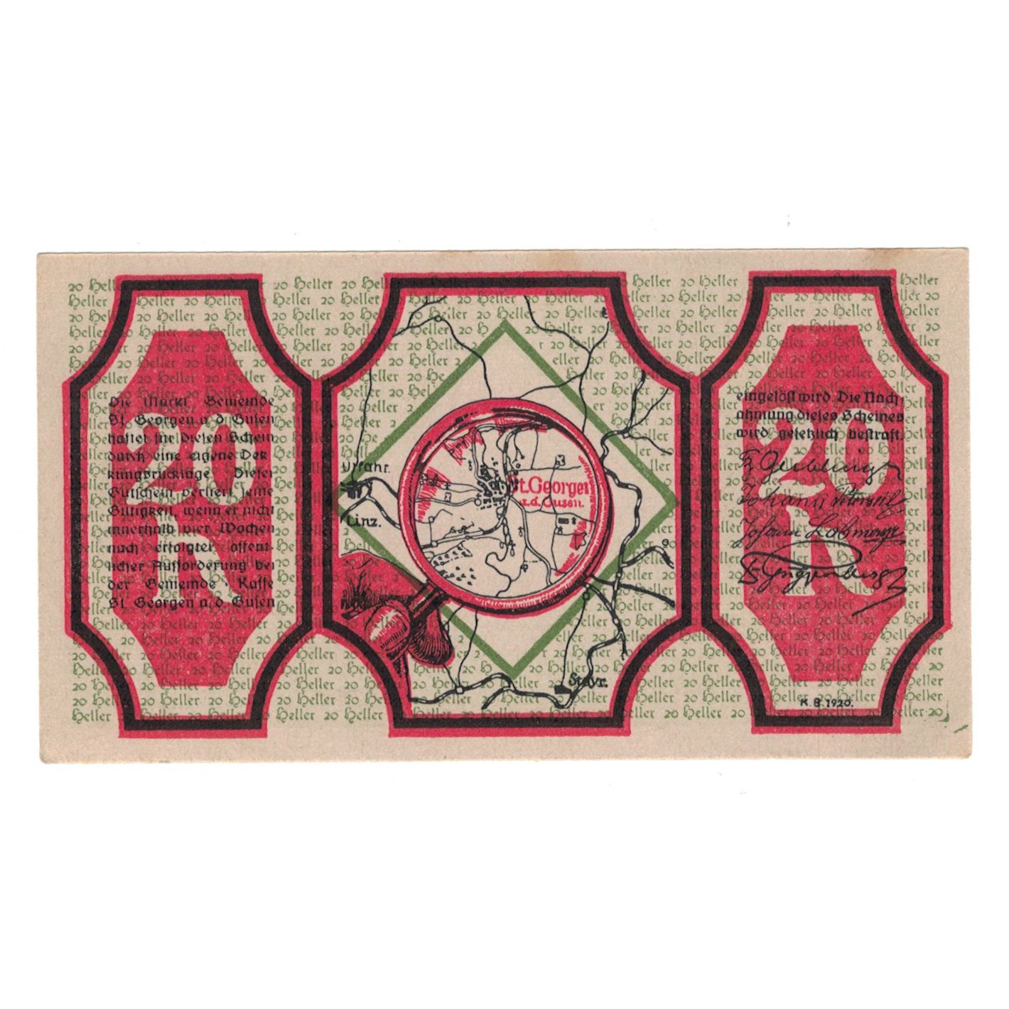 Billete, Austria, St. Georgen an der Gusen O.Ö. Gemeinde, 20 Heller, carte 1