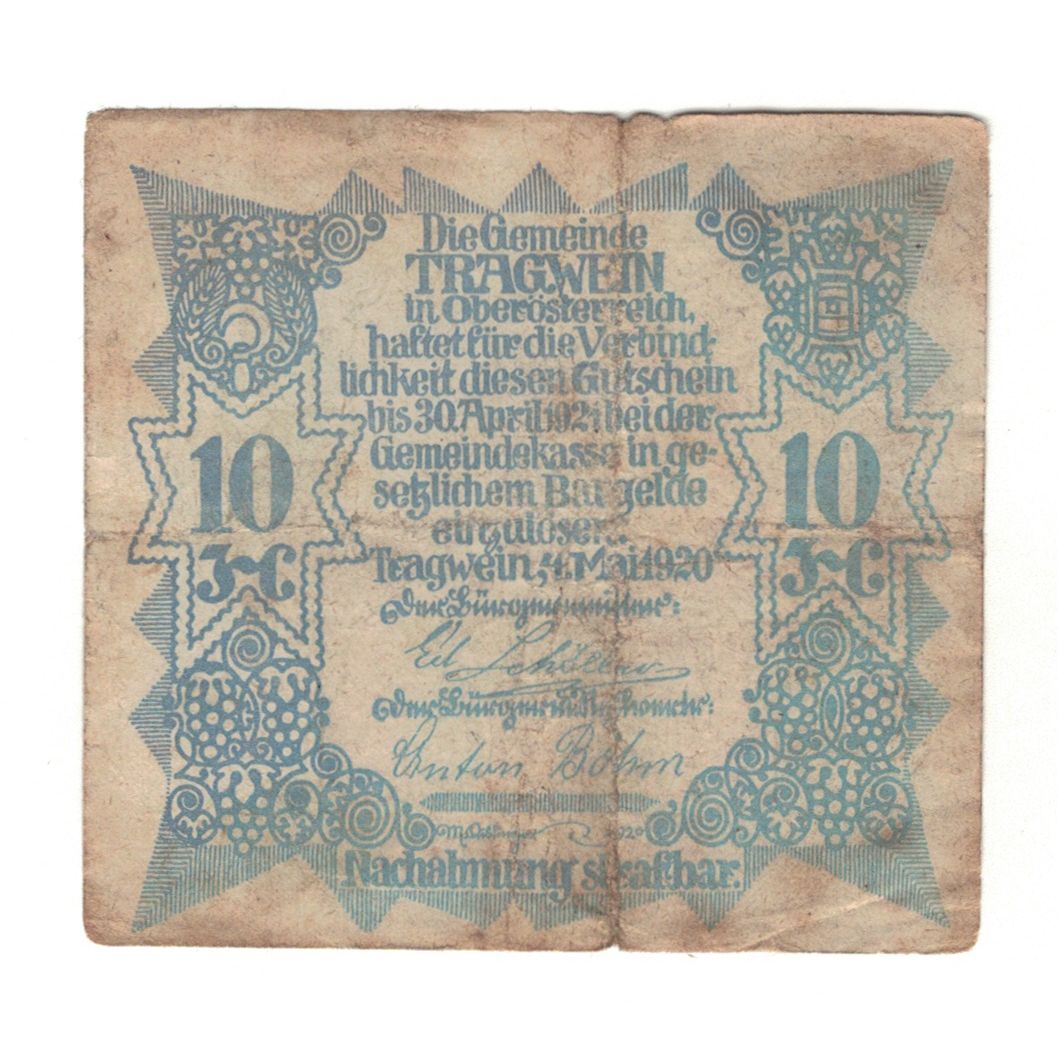 Billete, Austria, Tragwein O.Ö. Gemeinde, 10 Heller, Texte, 1920, 1921-04-30