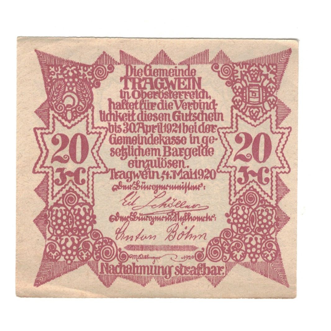Billete, Austria, Tragwein O.Ö. Gemeinde, 20 Heller, texte 1, 1920, 1921-04-30
