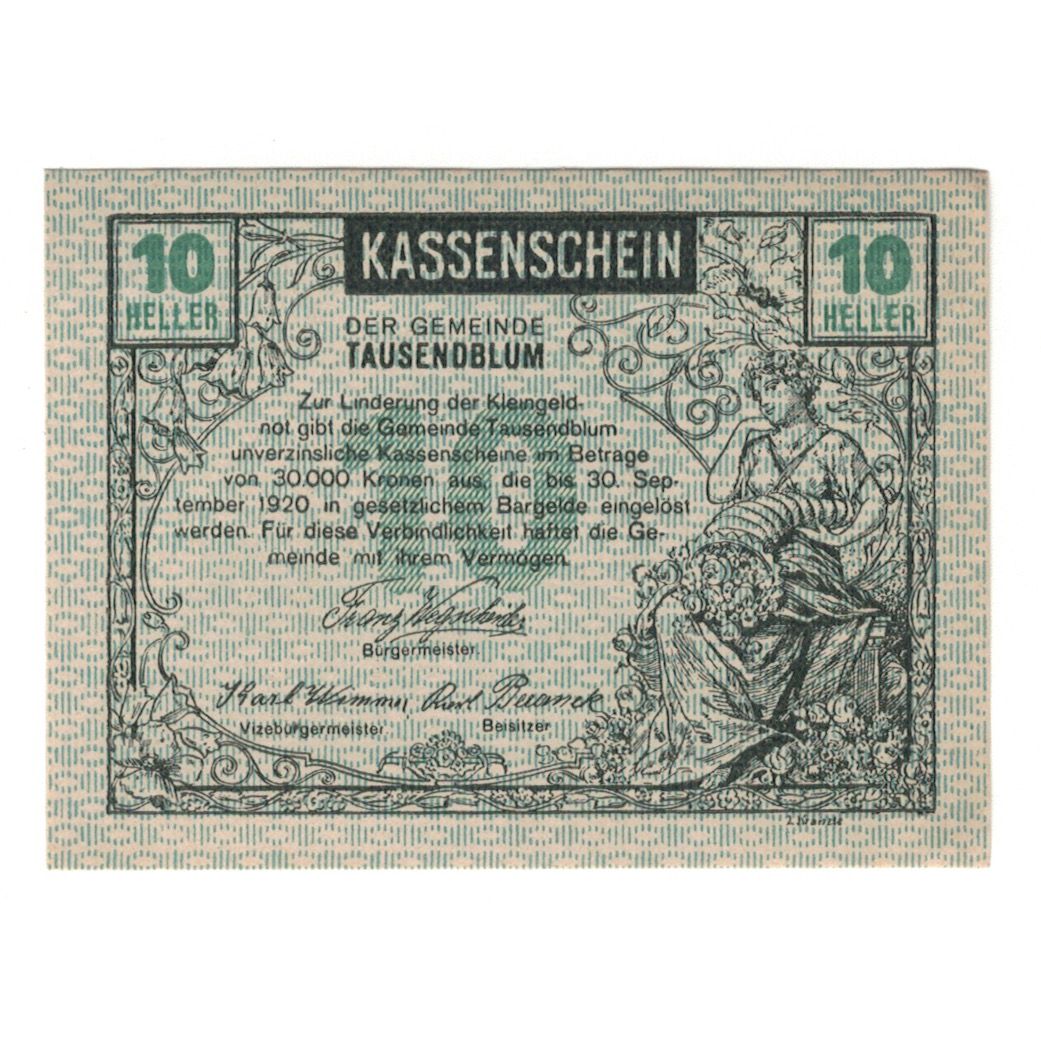 Billete, Austria, Tausendblum N.Ö. Gemeinde, 10 Heller, agriculteur, 1920