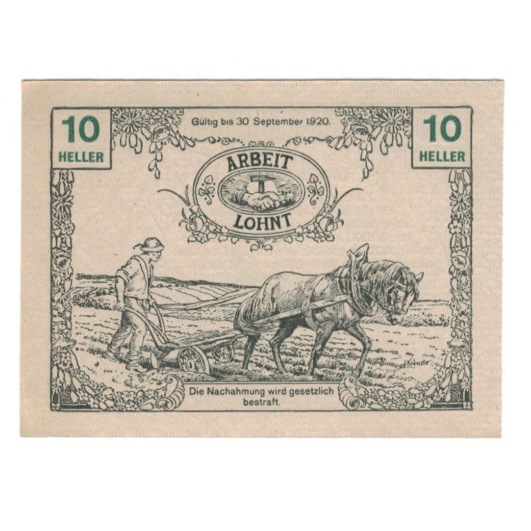 Billete, Austria, Tausendblum N.Ö. Gemeinde, 10 Heller, agriculteur, 1920