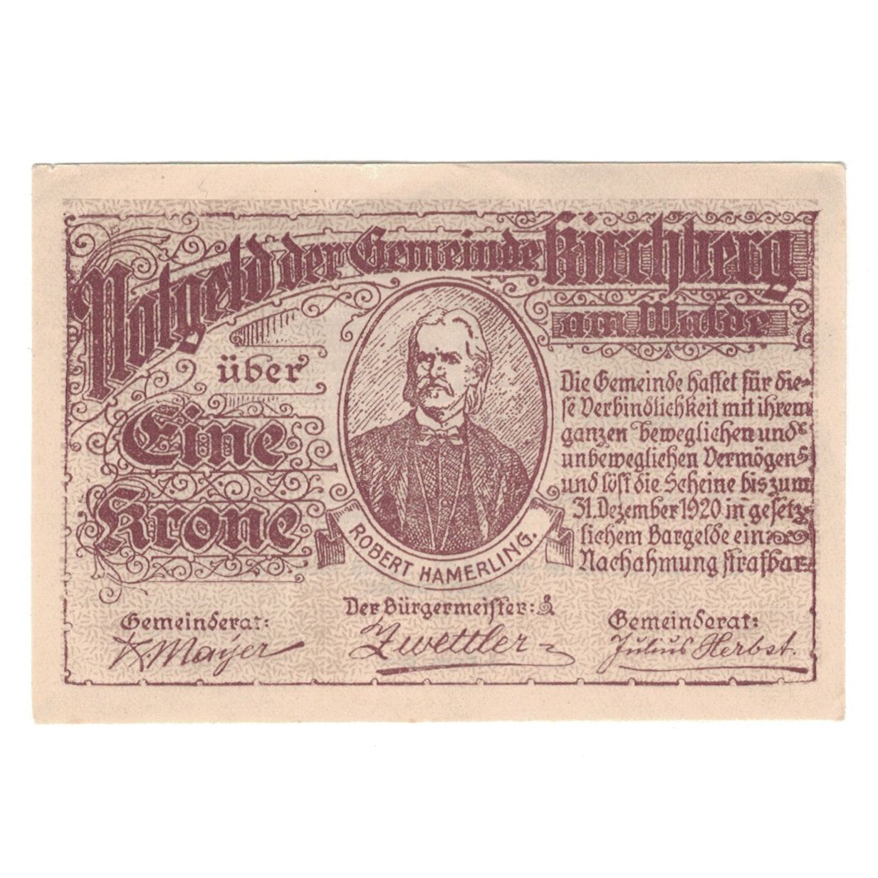 Billete, Austria, Kirchberg Am Walde N.Ö. Gemeinde, 1 Krone, Texte, 1920