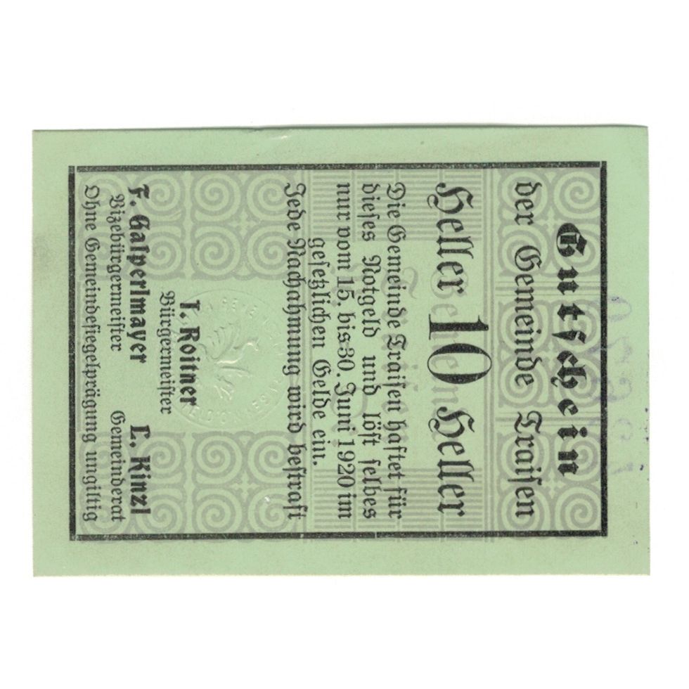 Billete, Austria, Traisen N.Ö. Gemeinde, 10 Heller, N.D, 1920, 1920-06-30, EBC