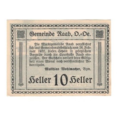 Billete, Austria, Raab O.Ö. Marktgemeinde, 10 Heller, Texte, 1920, 1920-02-26